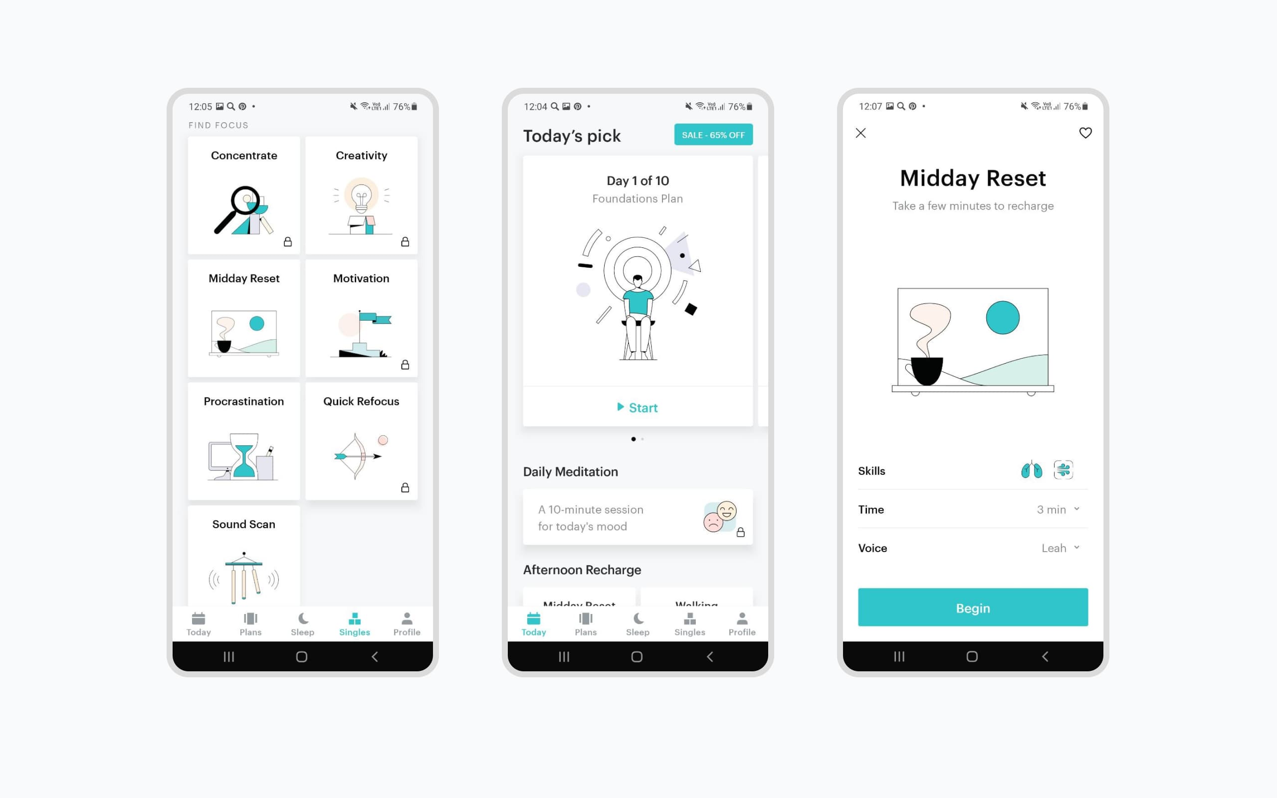 Balance: Meditation & Sleep app interfaces: a menu with types of practices, home page, Midday Reset practice page.