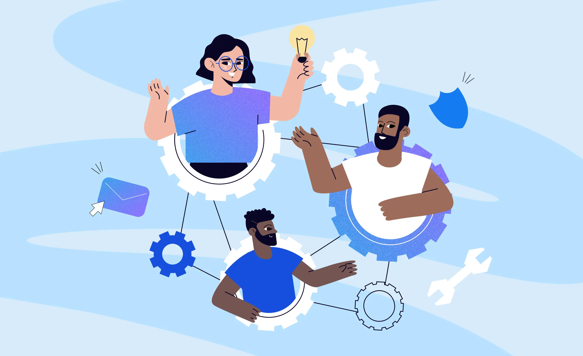 The cover image for&nbsp;the article on how to&nbsp;find a&nbsp;co‑founder features three people integrated into the&nbsp;parts of&nbsp;a mechanism. One of&nbsp;them is holding a&nbsp;light bulb, symbolizing a&nbsp;startup. Keywords: How to&nbsp;find a&nbsp;co-founder.