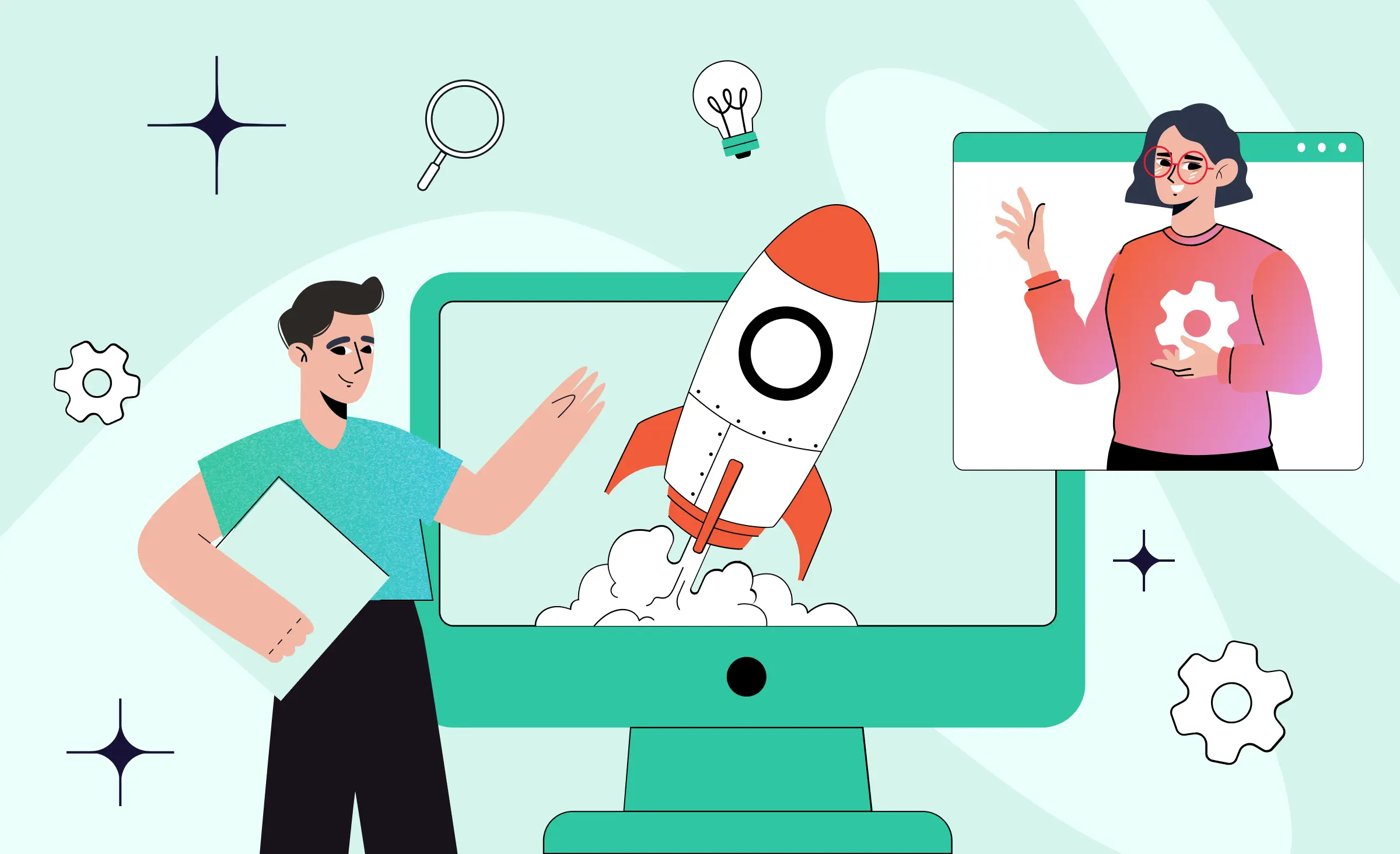 A young man stands in&nbsp;front of&nbsp;a computer screen with a&nbsp;rocket launching from it. a&nbsp;woman appears in&nbsp;a&nbsp;browser window, symbolizing an outsourced development team that will help launch the&nbsp;pilot project.