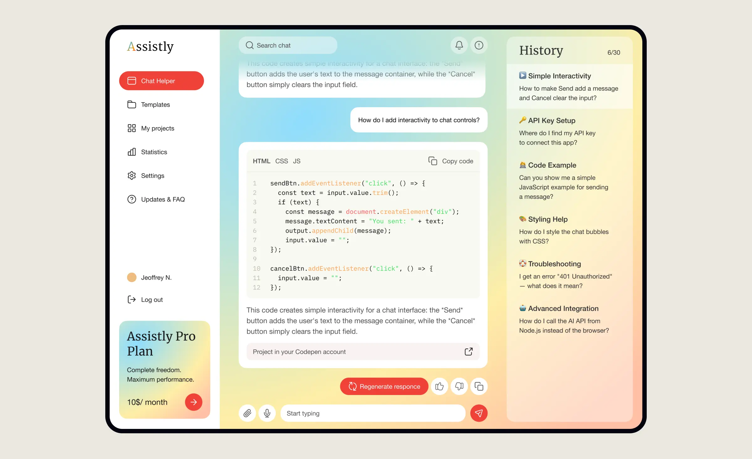 This image demonstrates implementing generative AI in business by showcasing an AI-powered coding assistant interface that helps users generate, troubleshoot, and refine code through interactive chat, streamlining development and support tasks.