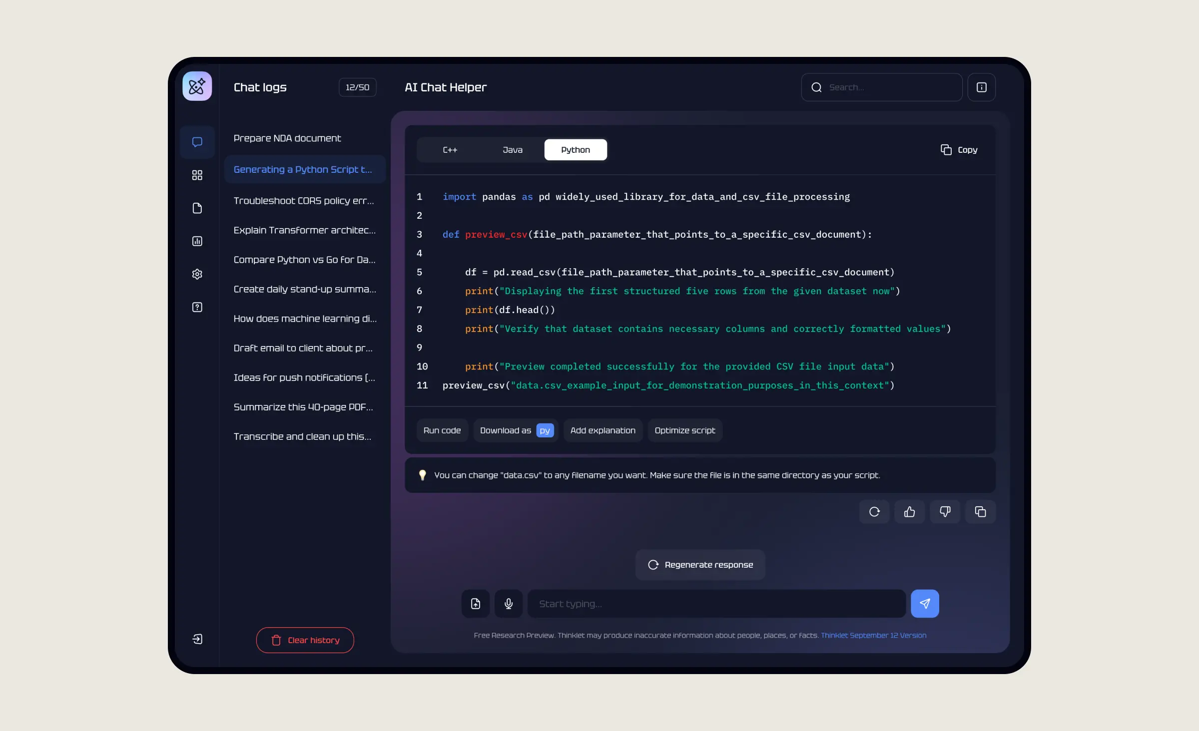 This image illustrates implementing generative AI in business by featuring an AI-powered chat assistant that helps users generate and optimize Python code, streamlining technical workflows and supporting efficient development.