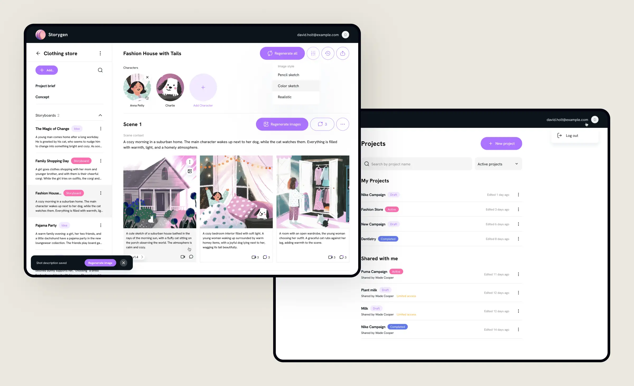 This image demonstrates implementing generative AI in business by showing a collaborative web app where users generate storyboards and illustrations automatically, streamlining creative workflows and project management for content teams.