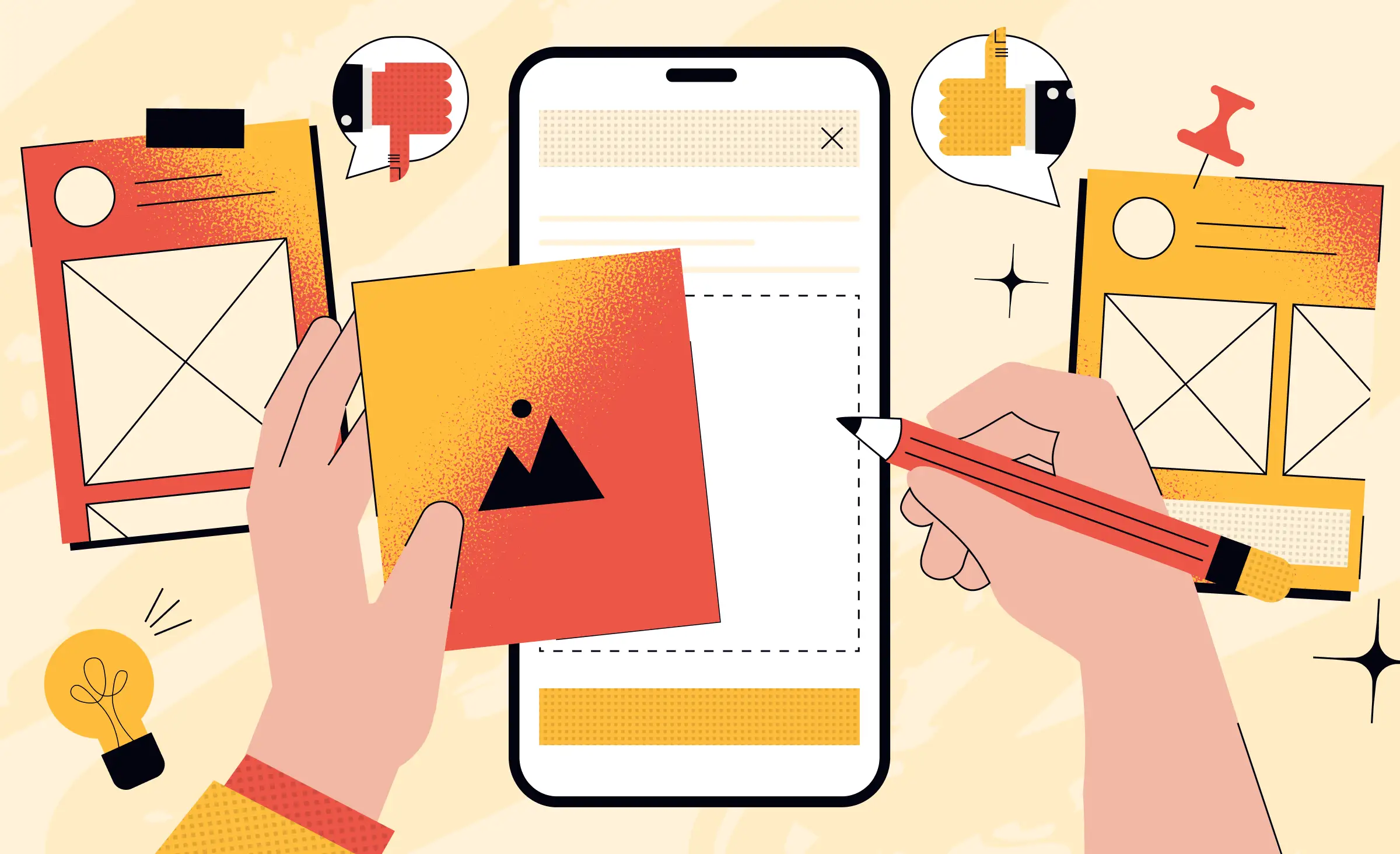 Illustration of hands creating a mobile app design with paper prototypes and a smartphone, surrounded by feedback icons and sketches, representing the process of interactive prototypes and user testing.