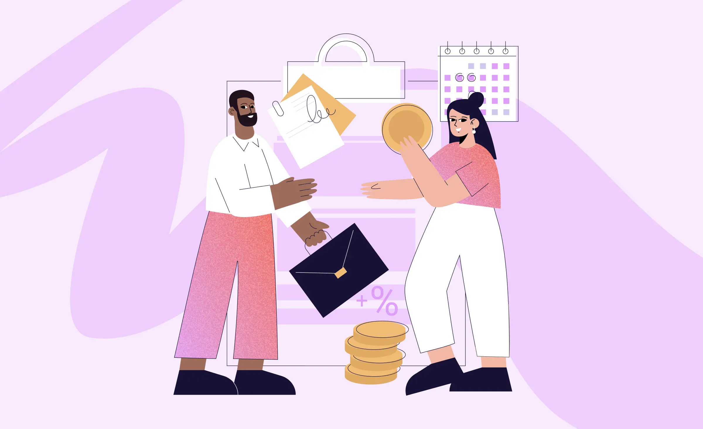 Article cover depicts a&nbsp;man and a&nbsp;woman. the&nbsp;man is holding a&nbsp;briefcase, and the&nbsp;woman is holding a&nbsp;large coin. a&nbsp;pile of&nbsp;coins sits on the&nbsp;floor. in&nbsp;the&nbsp;background, schematic pictures of&nbsp;a percentage sign accompanied by a&nbsp;plus sign indicates an increase in&nbsp;income. a&nbsp;clipboard with a&nbsp;document and a&nbsp;calendar are also visible. These elements represent the&nbsp;fintech industry, as the&nbsp;article focuses on choosing the&nbsp;right fintech software development company.