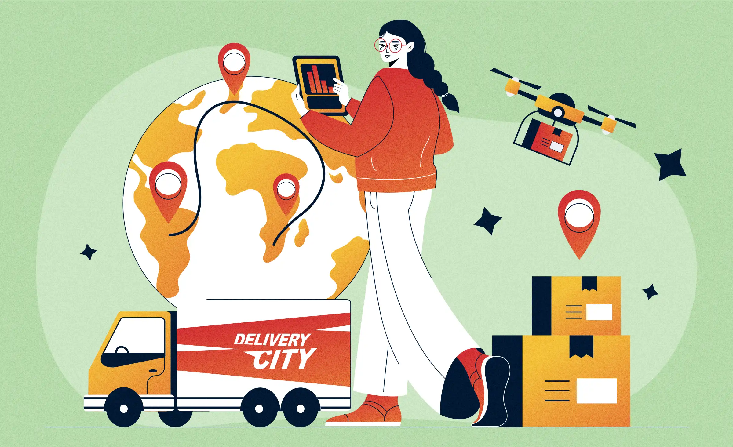 The article cover depicts logistics software development, resulting in&nbsp;a&nbsp;robust tool for&nbsp;managing the&nbsp;supply chain process. a&nbsp;girl at the&nbsp;front is studying stats on her tablet. in&nbsp;the&nbsp;background, we see a&nbsp;ferry delivering products, parcels ready for&nbsp;delivery, a&nbsp;drone carrying a&nbsp;box, and a&nbsp;globe with map pins symbolizing delivery destinations.