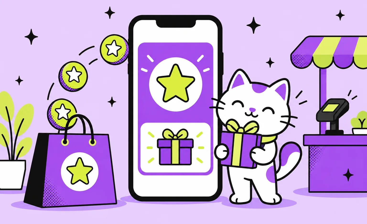 The Ronas IT cat mascot holds a gift box between a phone with star and gift rewards and a store counter, as star coins rise from a shopping bag