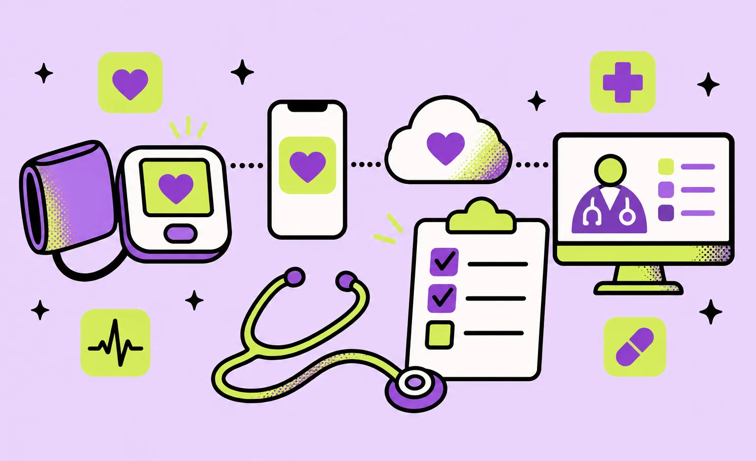 A blood pressure monitor linked by a dotted line to a phone, a cloud and a doctor's screen, with a checklist and a stethoscope in front