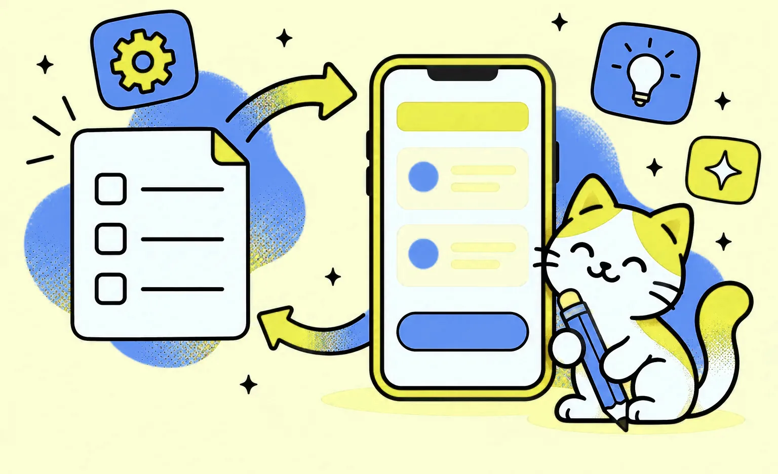 A feature checklist linked by arrows to a smartphone with simple interface blocks, and the Ronas IT cat mascot holding a pencil
