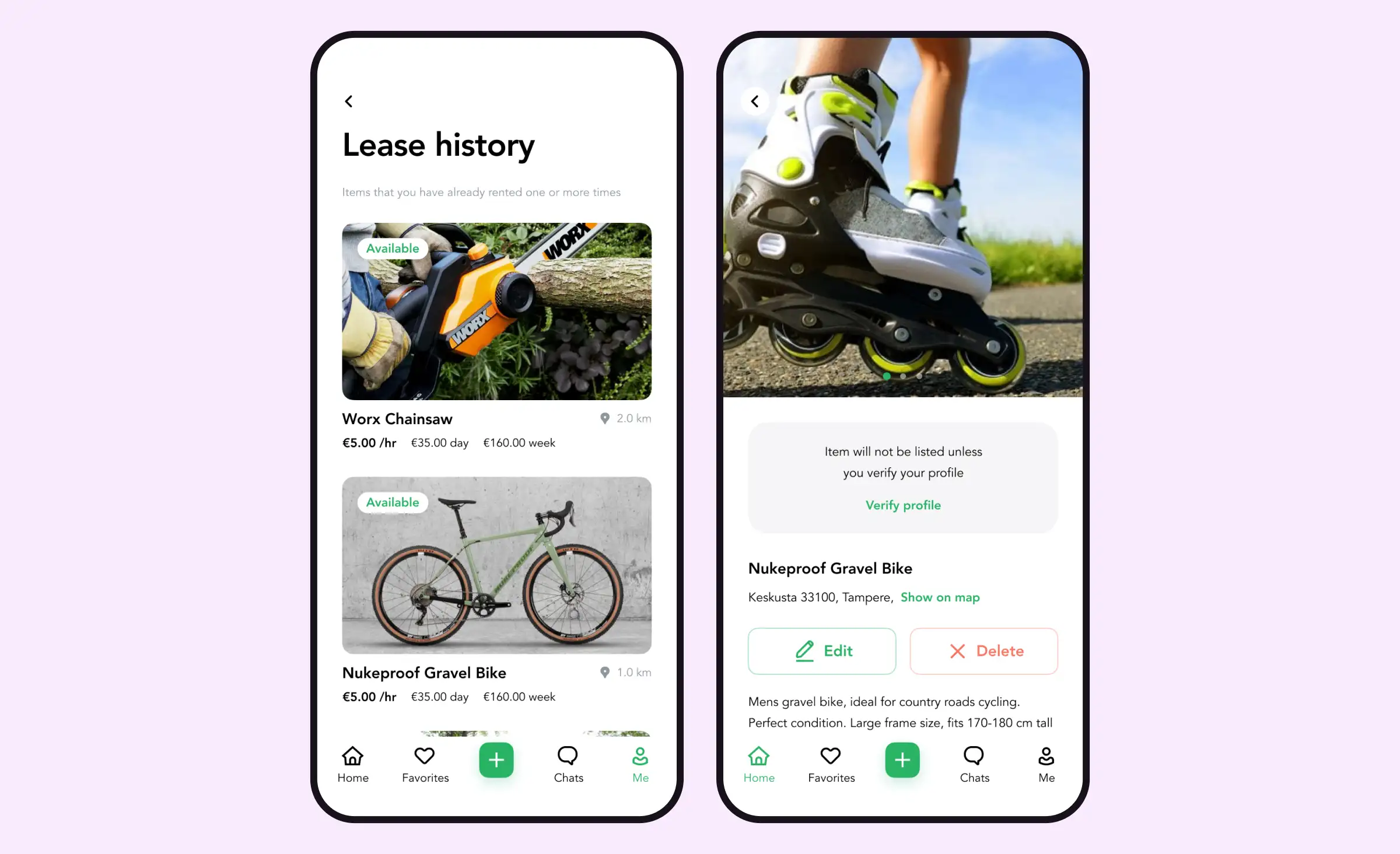 Lainappi rental app screens: a lease history list with a chainsaw and a gravel bike, and an item page with a profile verification prompt