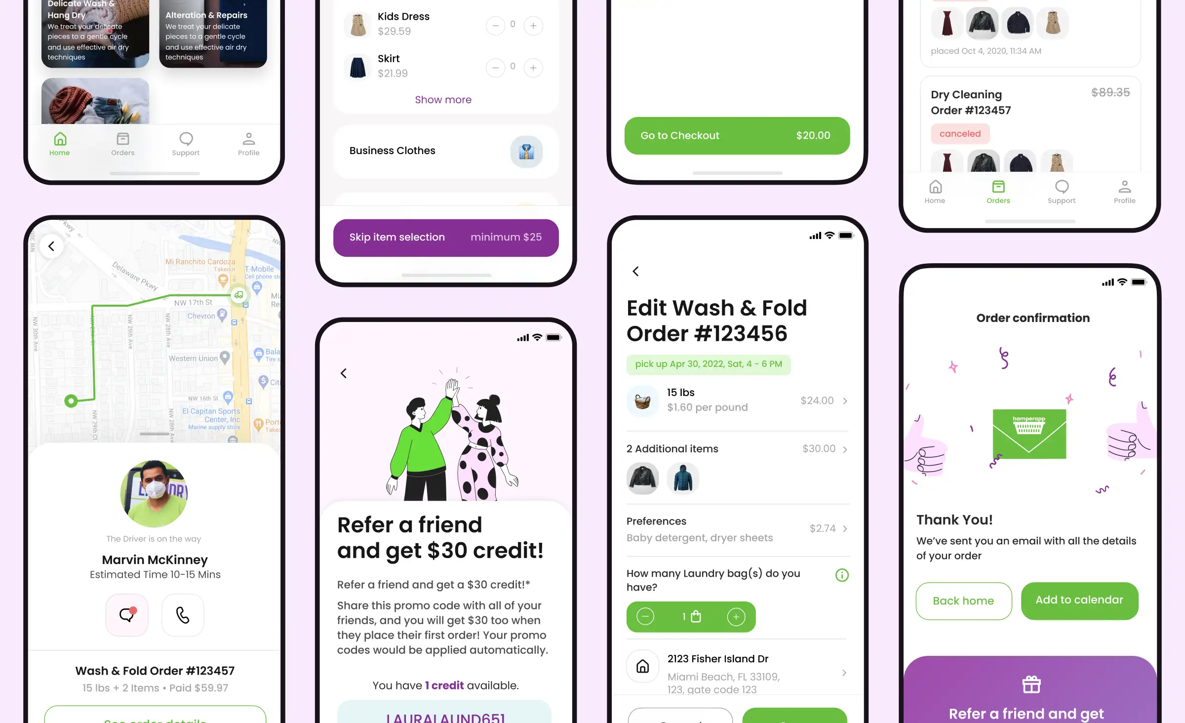 Screens from the Hamperapp laundry service app: order editing, driver tracking on a map, a referral offer, and order confirmation