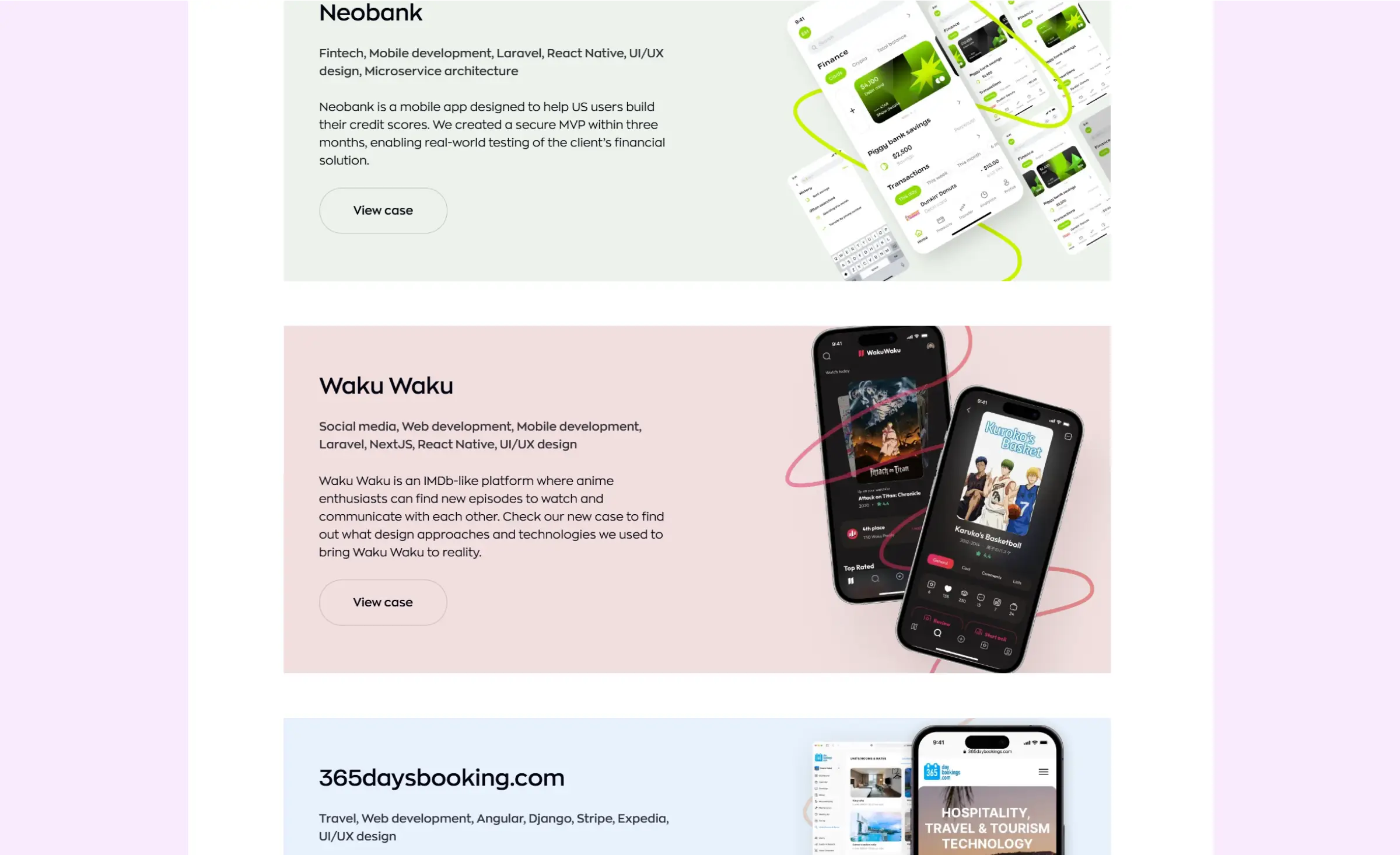 Ronas IT case list showing the Neobank and Waku Waku projects with their technology stacks, including React Native, Laravel and Next.js