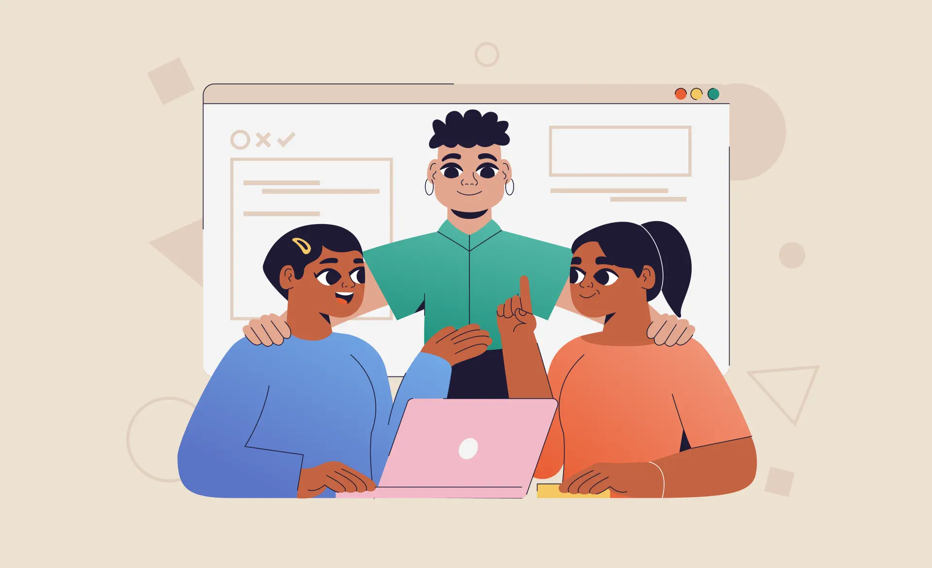 The cover of&nbsp;the article "When It’s Time to&nbsp;Outsource Software Development: for&nbsp;Startups" features three individuals sitting at a&nbsp;laptop, engaged in&nbsp;an enthusiastic discussion. in&nbsp;the&nbsp;background, there is the&nbsp;interface of&nbsp;a web application. This imagery symbolizes an emerging startup.