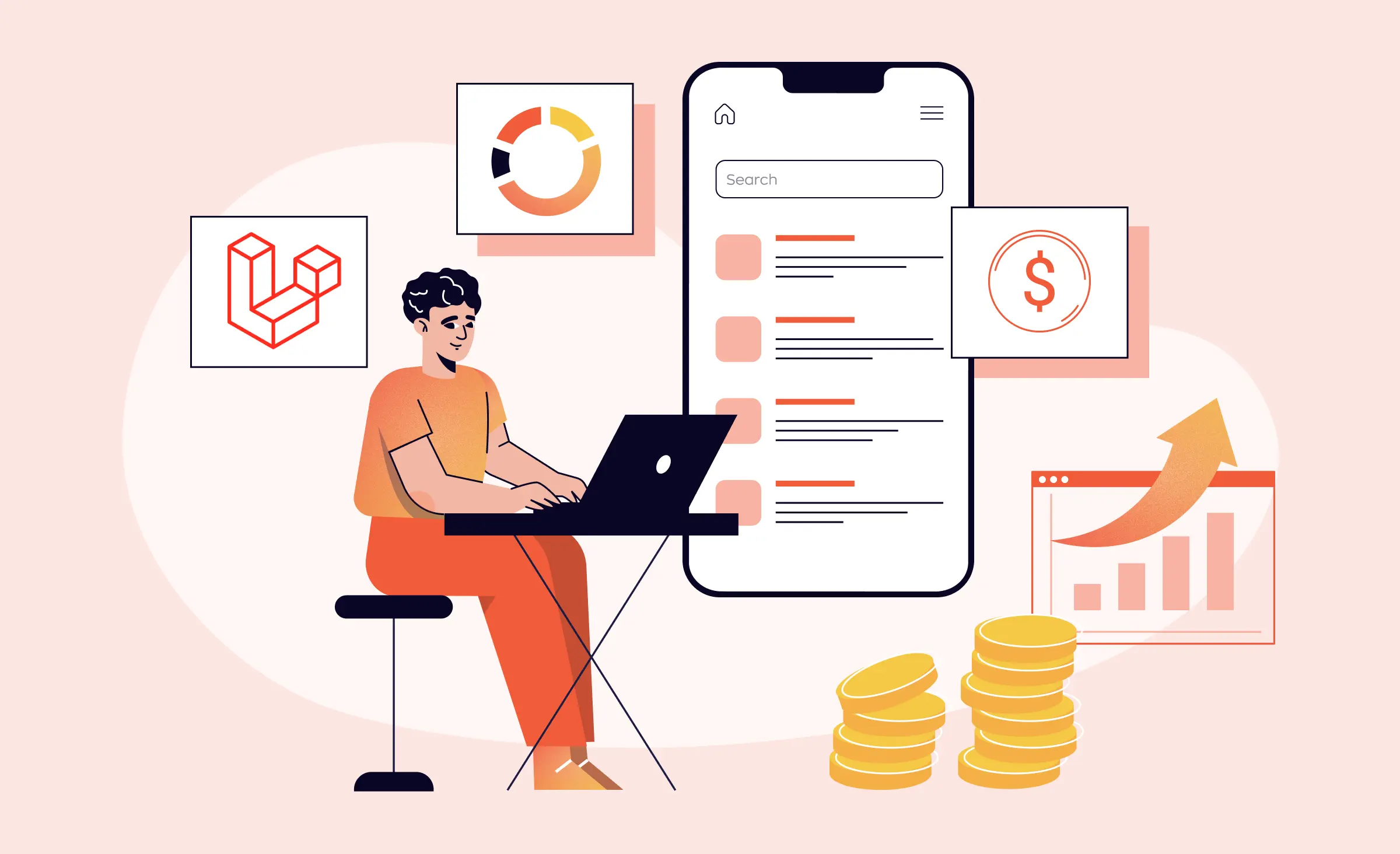 The cover of&nbsp;the article depicts a&nbsp;person working on a&nbsp;laptop, with the&nbsp;Laravel logo, a&nbsp;pie chart, a&nbsp;rising graph, coins, a&nbsp;dollar sign, and a&nbsp;mobile interface in&nbsp;the&nbsp;background. Together, these elements symbolize the&nbsp;search for&nbsp;outsourced Laravel application development services.