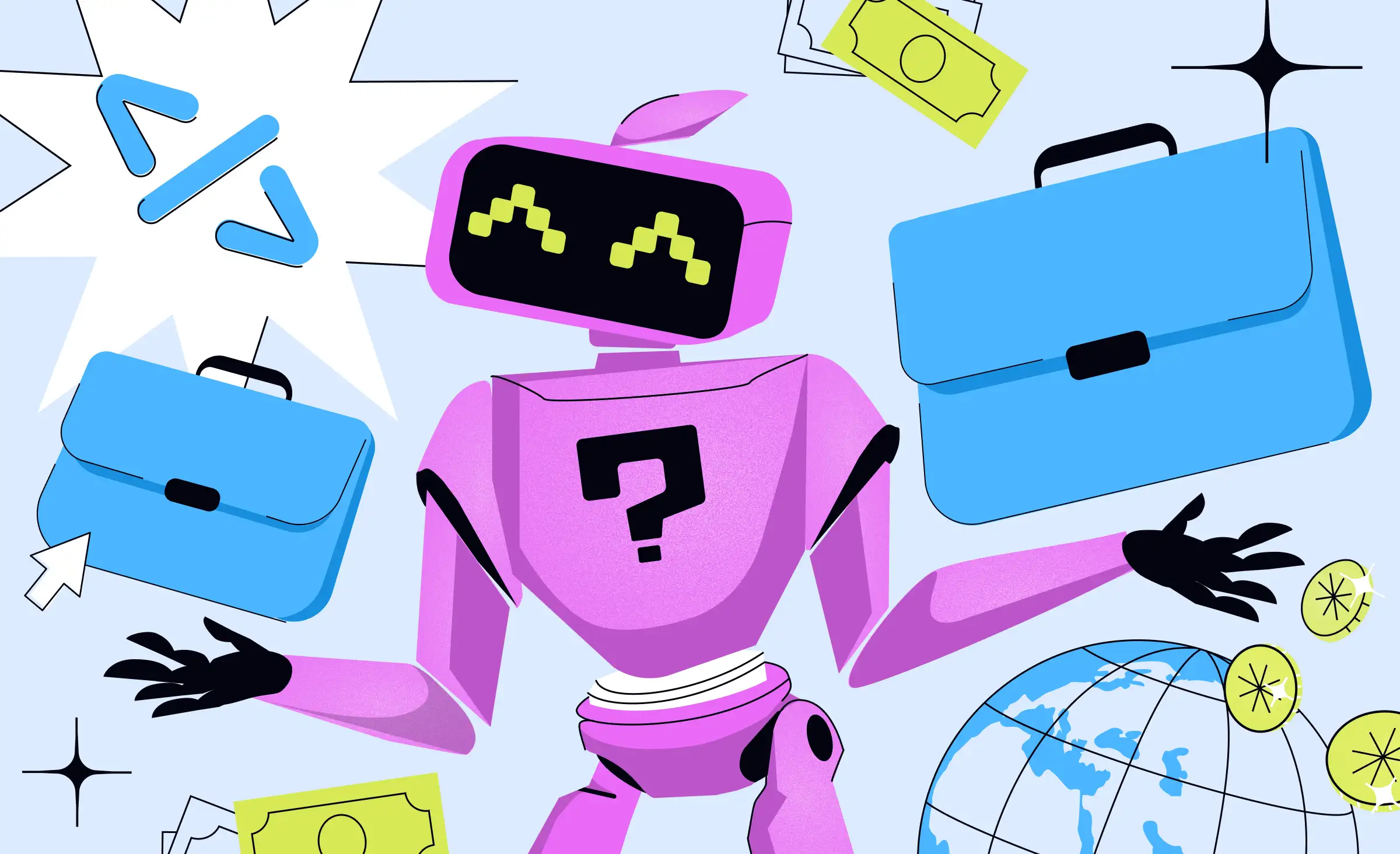 Illustrated cover image featuring a purple robot with a question mark on its chest, surrounded by blue briefcases, programming code symbols, currency, and a globe, representing AI development services for small and medium-sized businesses.
