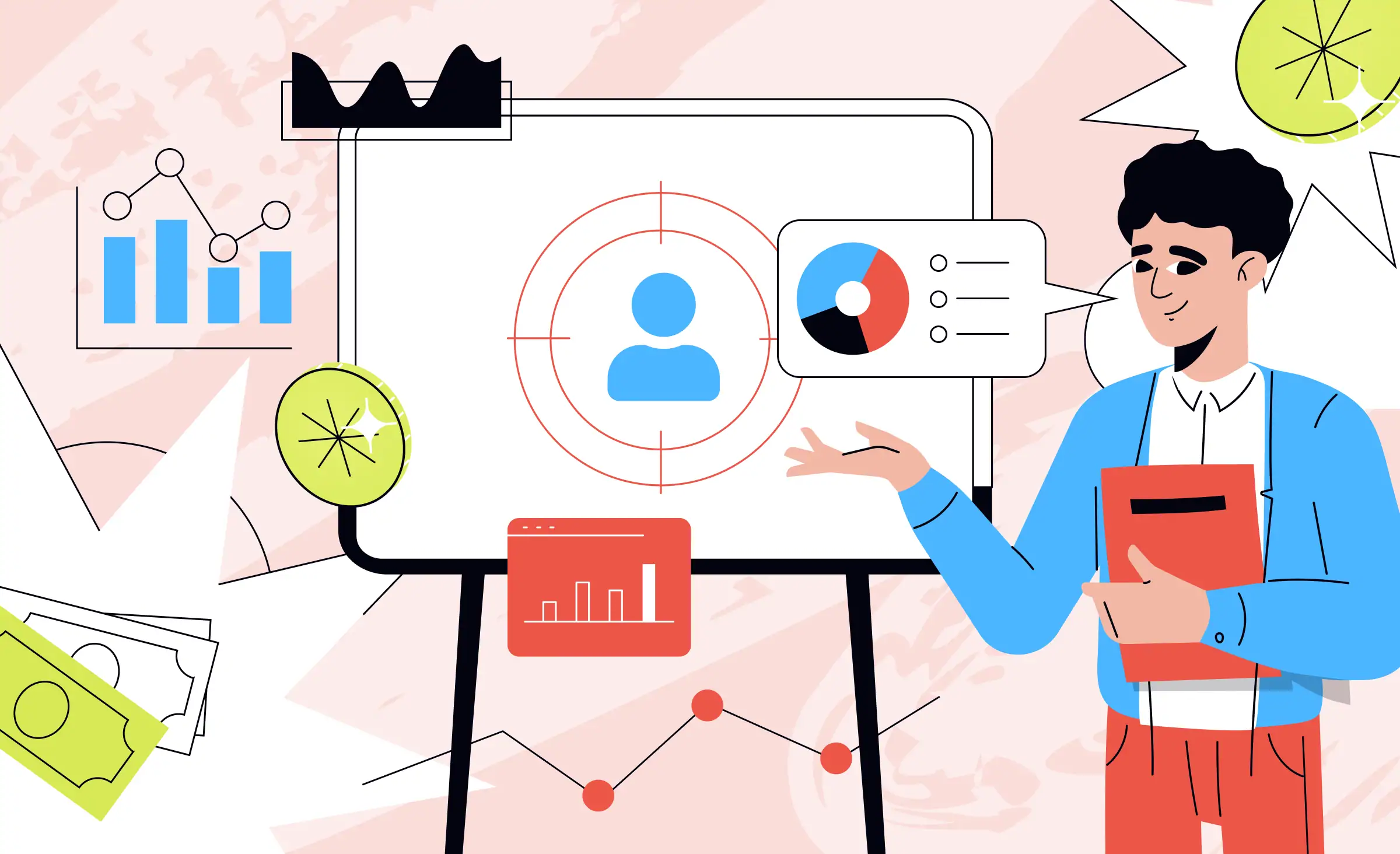 Illustration of a professional presenting data charts and a target icon focused on a user profile, representing the use of analytics to create personalized customer experiences.