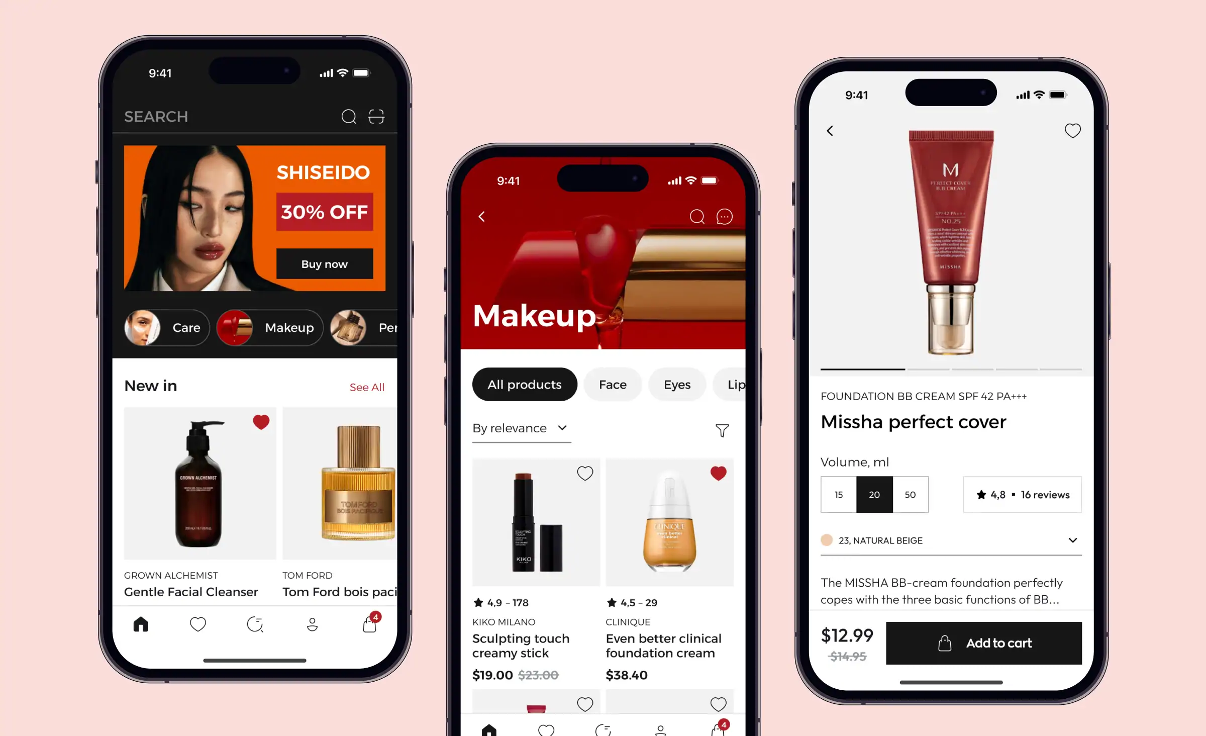 Three smartphone screens showing a beauty shopping app with personalized product recommendations, targeted discounts, and detailed product pages, illustrating how personalized customer experiences enhance online beauty retail.