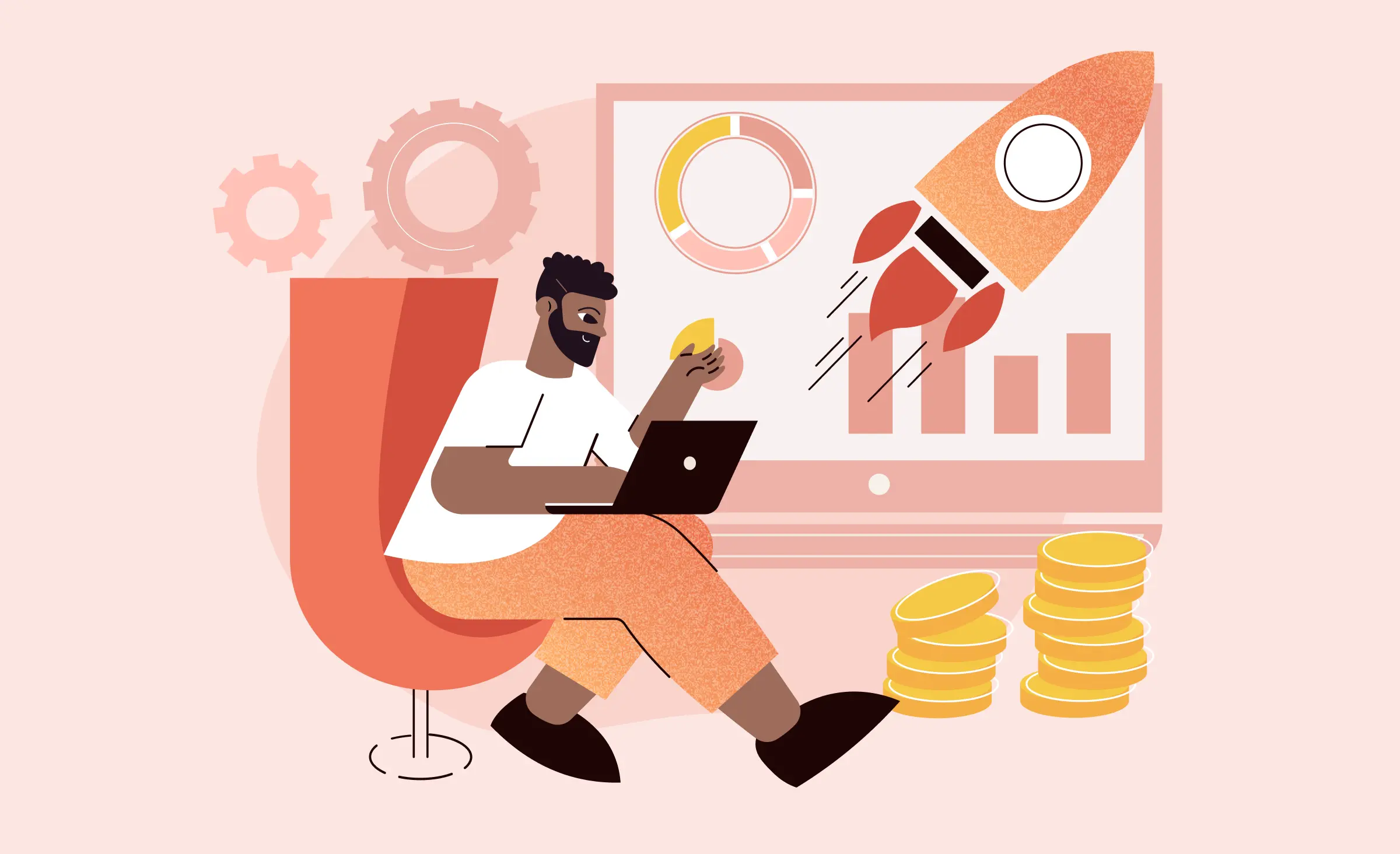 A man sits at a&nbsp;laptop, focusing on his work. His monitor displays a&nbsp;projection of&nbsp;bar and pie charts, showcasing data analysis. in&nbsp;the&nbsp;background, a&nbsp;rocket symbolizes the&nbsp;speed of&nbsp;rapid application development (RAD), while two stacks of&nbsp;coins represent the&nbsp;fruitful outcomes this methodology can achieve.