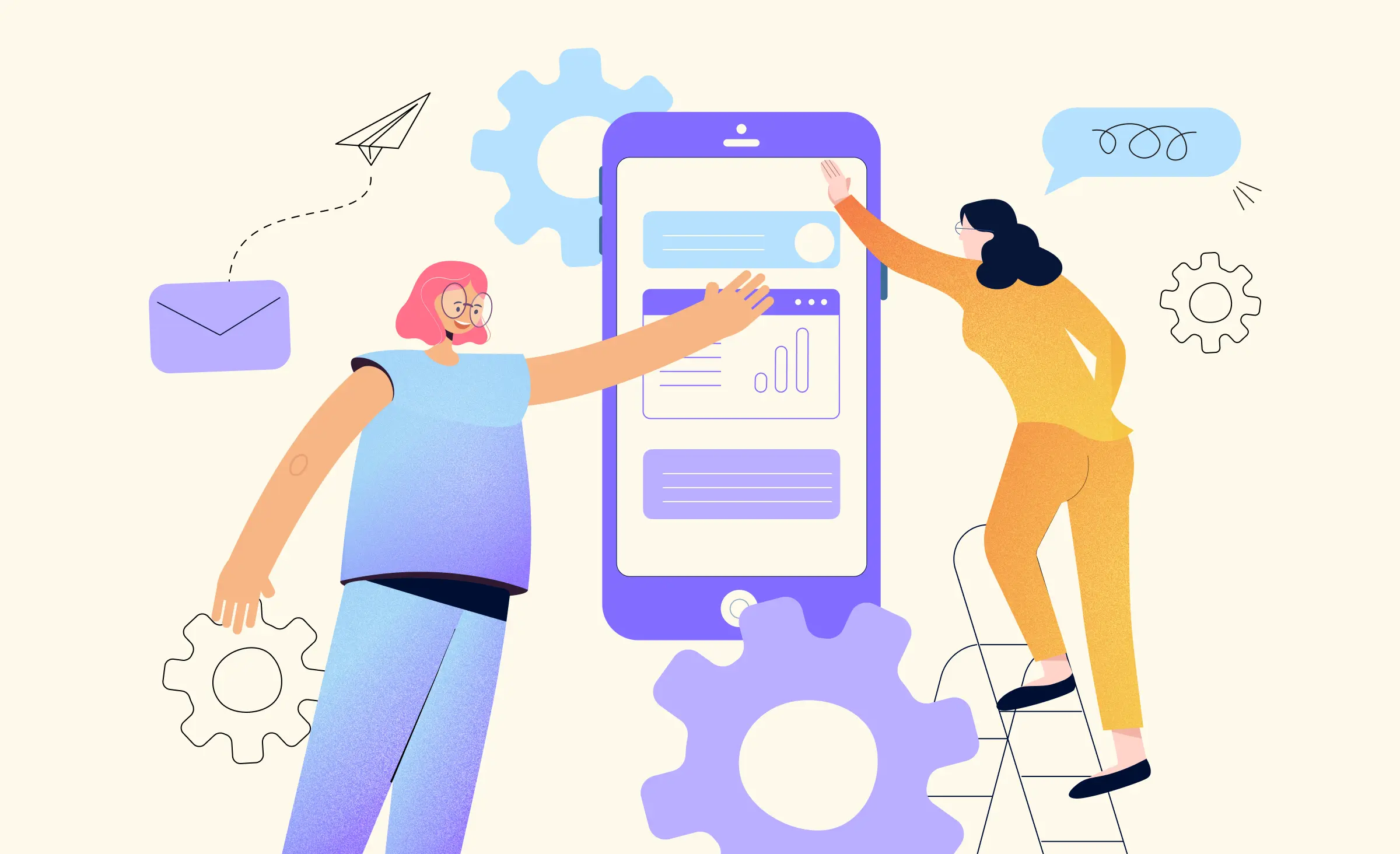 The cover of&nbsp;the article on rapid enterprise application development features two women. One woman, with pink hair, wearing purple clothes and glasses, is raising her hand towards a&nbsp;mobile app interface. the&nbsp;other woman, with black hair, glasses, and wearing yellow clothes, stands on a&nbsp;stepladder as she builds the&nbsp;interface.