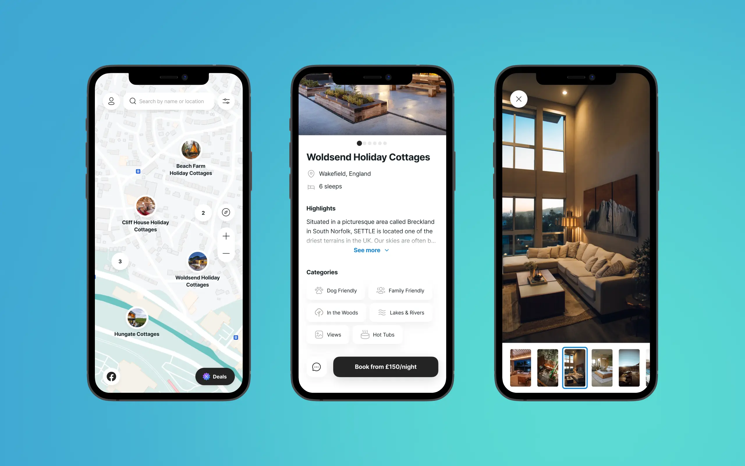 Three screens of UK Retreats web application