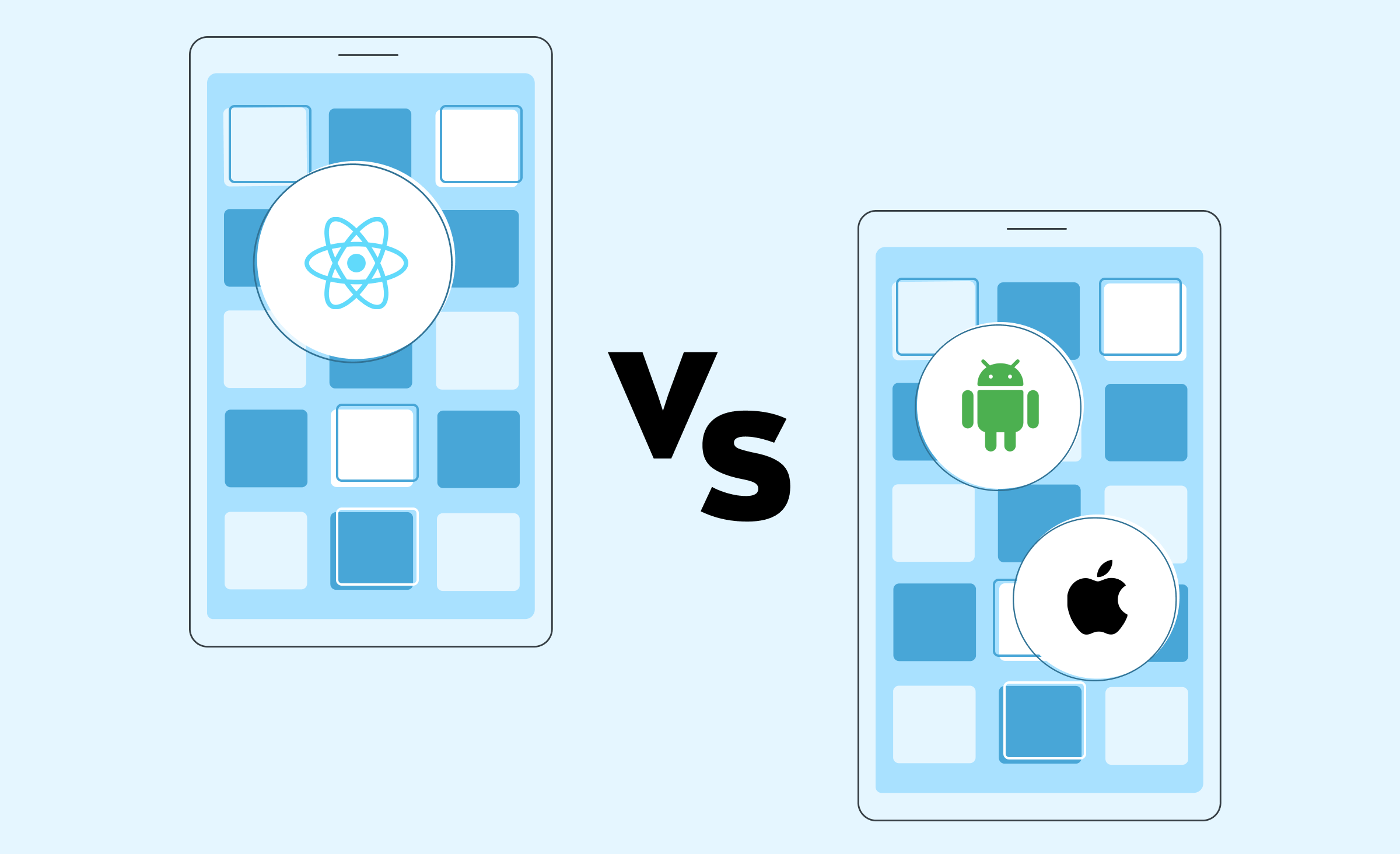 A cover depicting two smartphones in&nbsp;confrontation, one showcasing the&nbsp;React Native logo, and the&nbsp;other displaying both Android and iOS platform logos