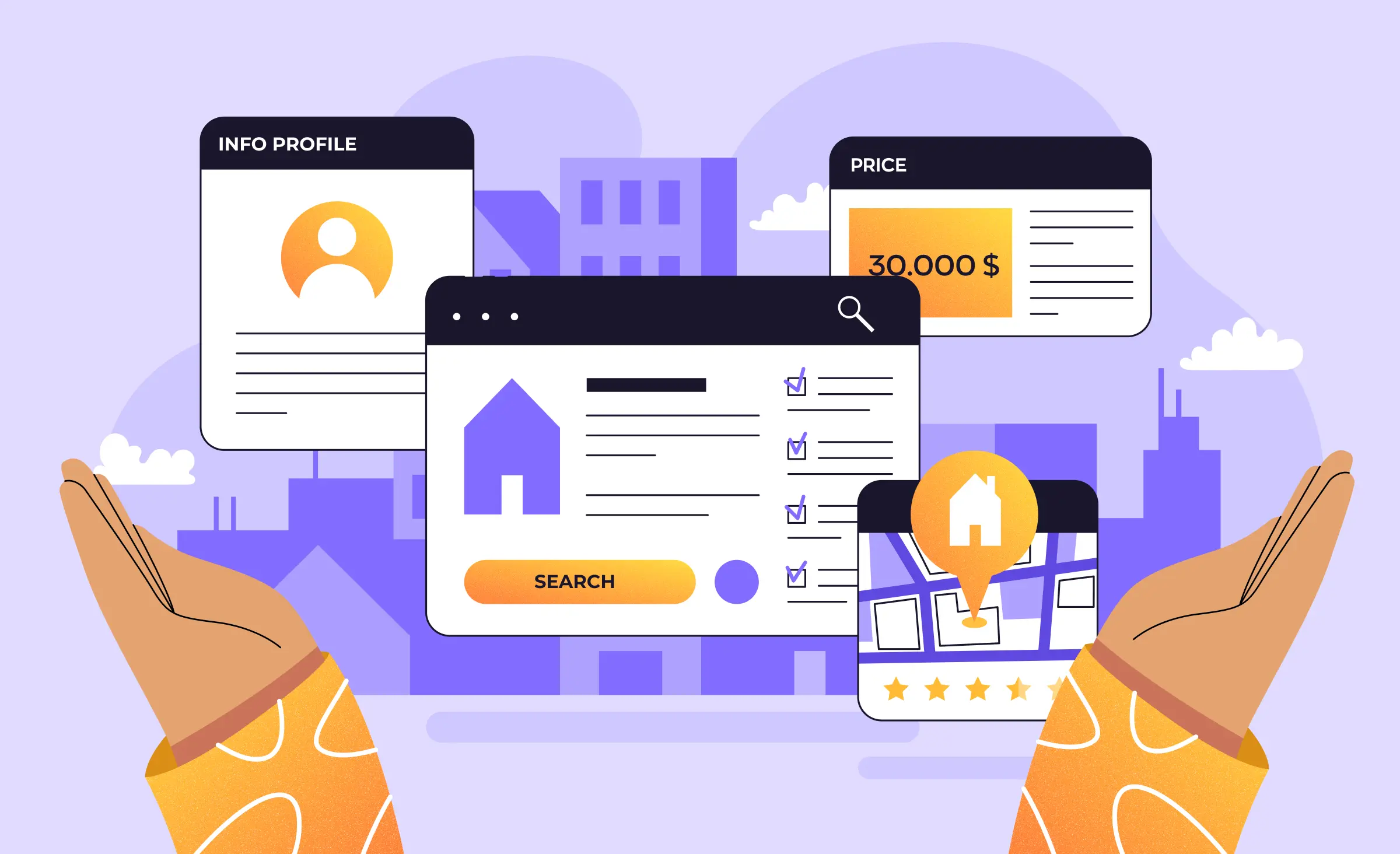 The article cover symbolizes the&nbsp;essential elements of&nbsp;real estate website design, such as profile information, listings, and prices. We see two hands reaching towards these elements.