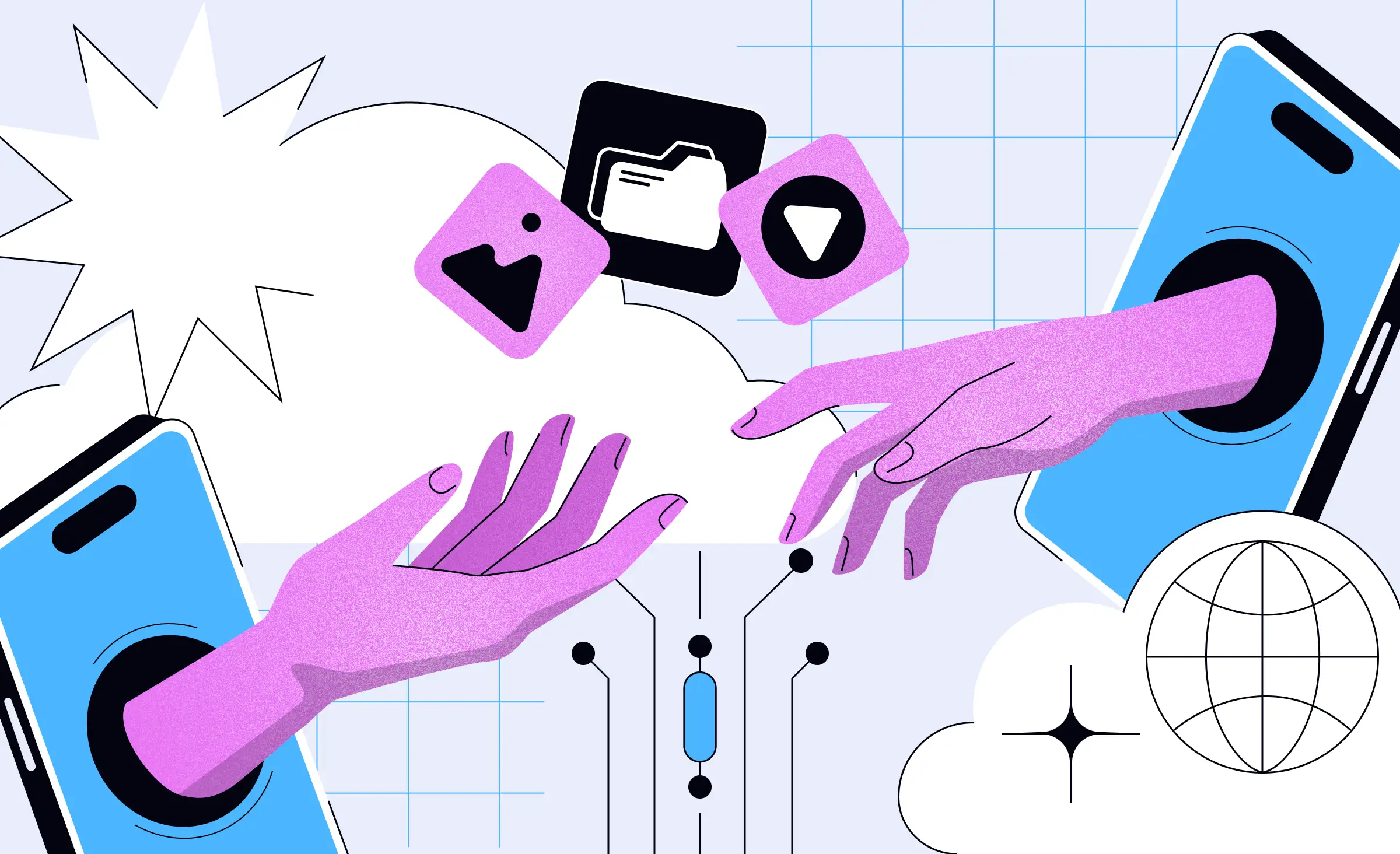 On the&nbsp;cover of&nbsp;the article dedicated to&nbsp;the benefits of&nbsp;serverless computing, two hands are shown reaching out to&nbsp;each other from two phone screens. Between them are icons of&nbsp;an image, an audio file, and a&nbsp;file folder.