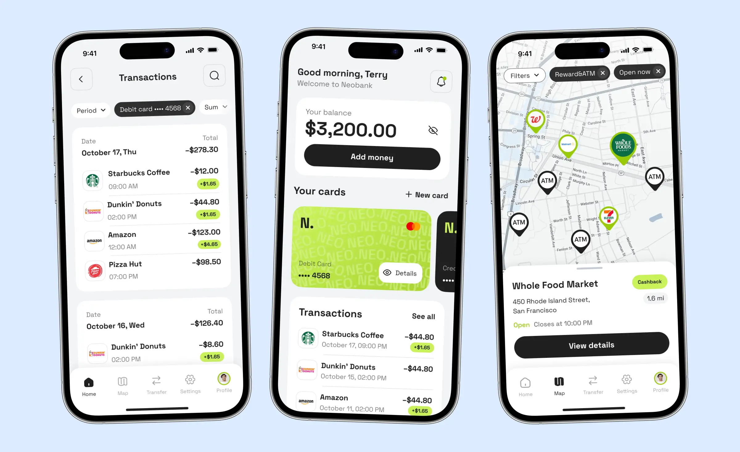 This image shows the user interface of a neobank app for the USA developed by Ronas IT, featuring account balances, transactions, cards, and a map of partner locations. In the context of serverless vs containers, apps like this benefit from scalable and secure architecture choices — using either serverless or containers — to handle sensitive financial data, support features such as real-time transactions, and ensure smooth, reliable user experiences.