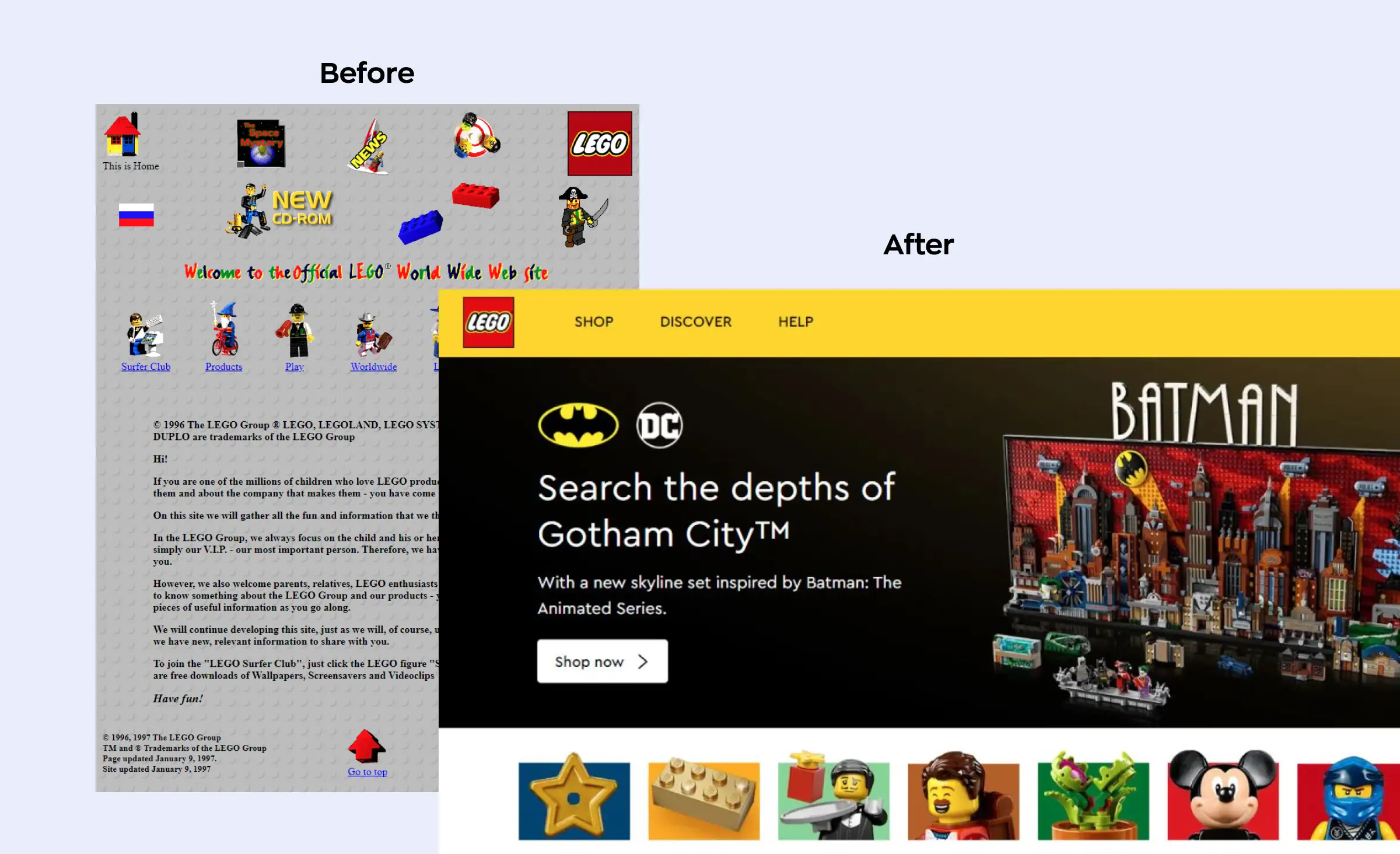Illustration showing two versions of the LEGO website: one from 1996 with a gray background and unstructured images and font, and one from 2024, exemplifying the need for constant and successful website redesign.