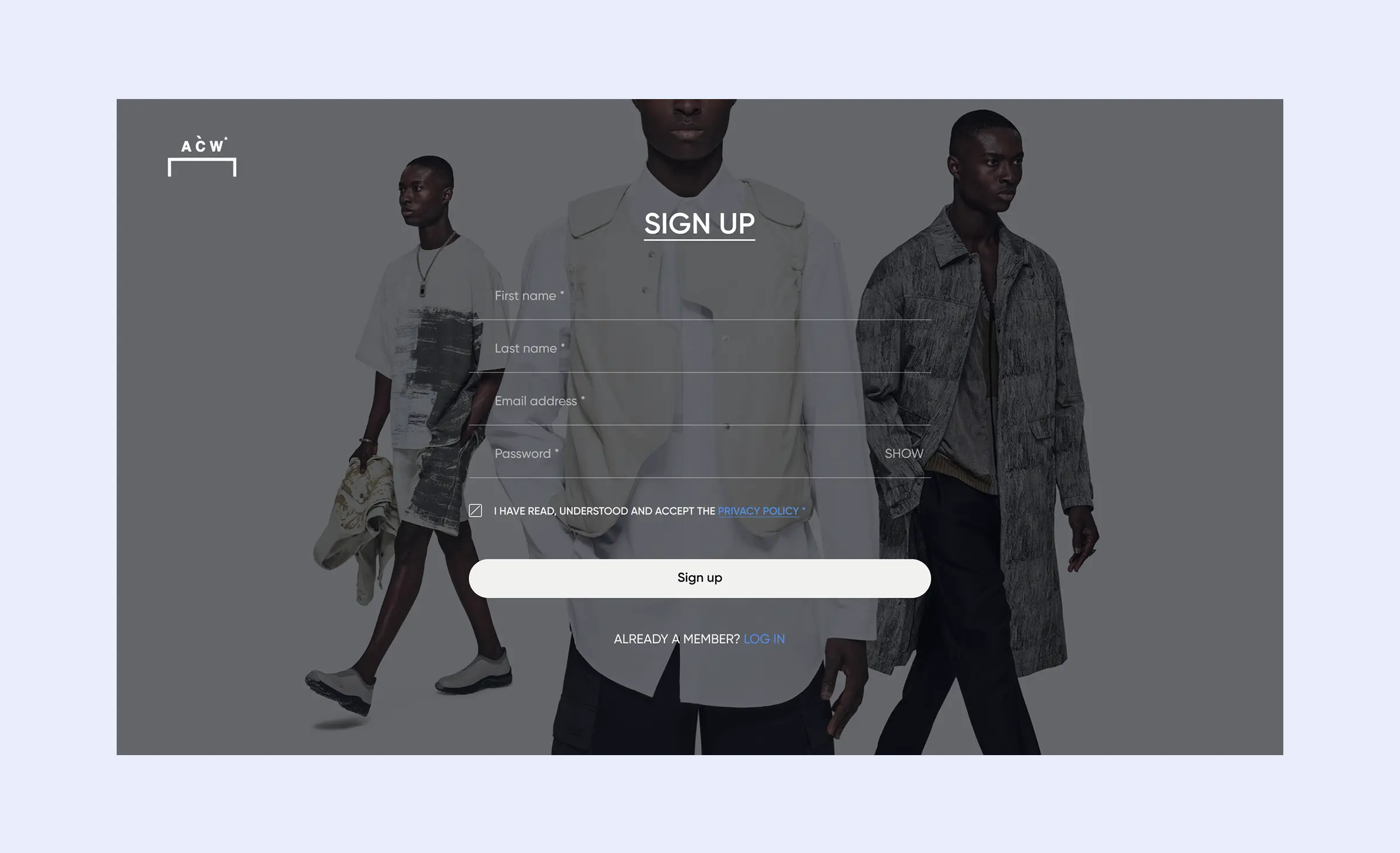 Example of a successful website redesign for ACW by Ronas IT, featuring a simple sign-up form design. In the background, a darkened photo shows three black models wearing the brand’s clothing.