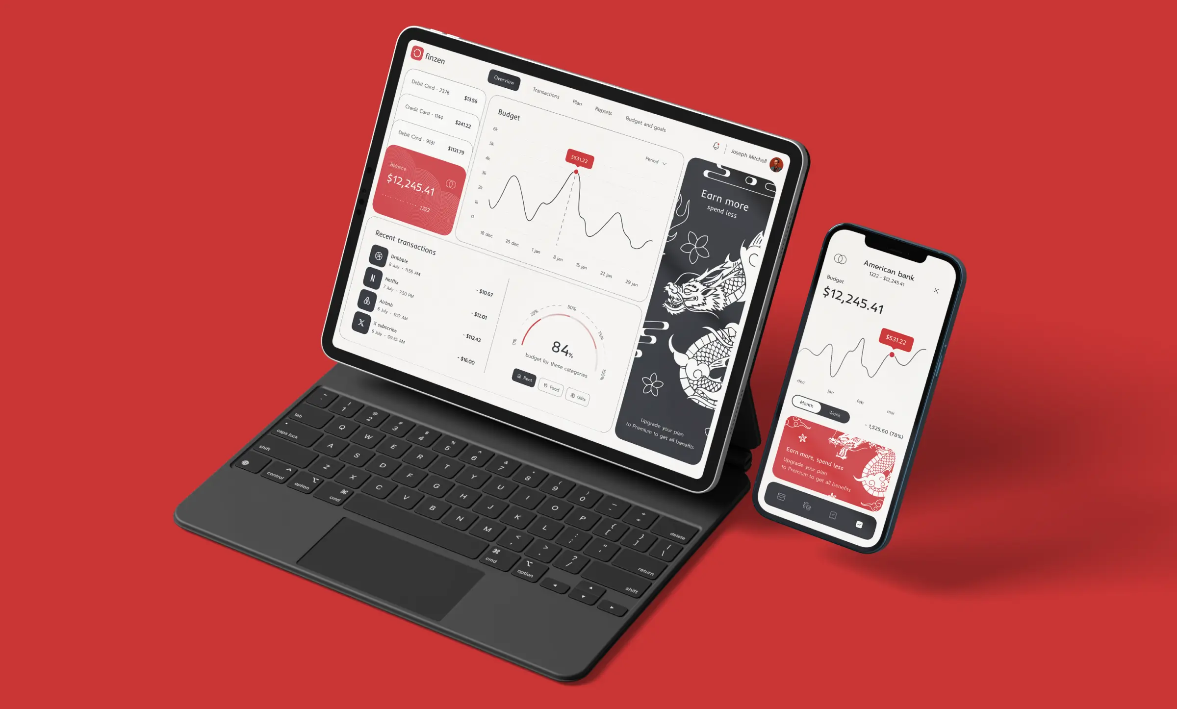 Redesign of the mobile and desktop interfaces for the FinZen financial app by Ronas IT, aimed at improving navigation. The design uses ample white space with accent red and black tones to enhance financial navigation, showcasing a successful website redesign in a sensitive field.
