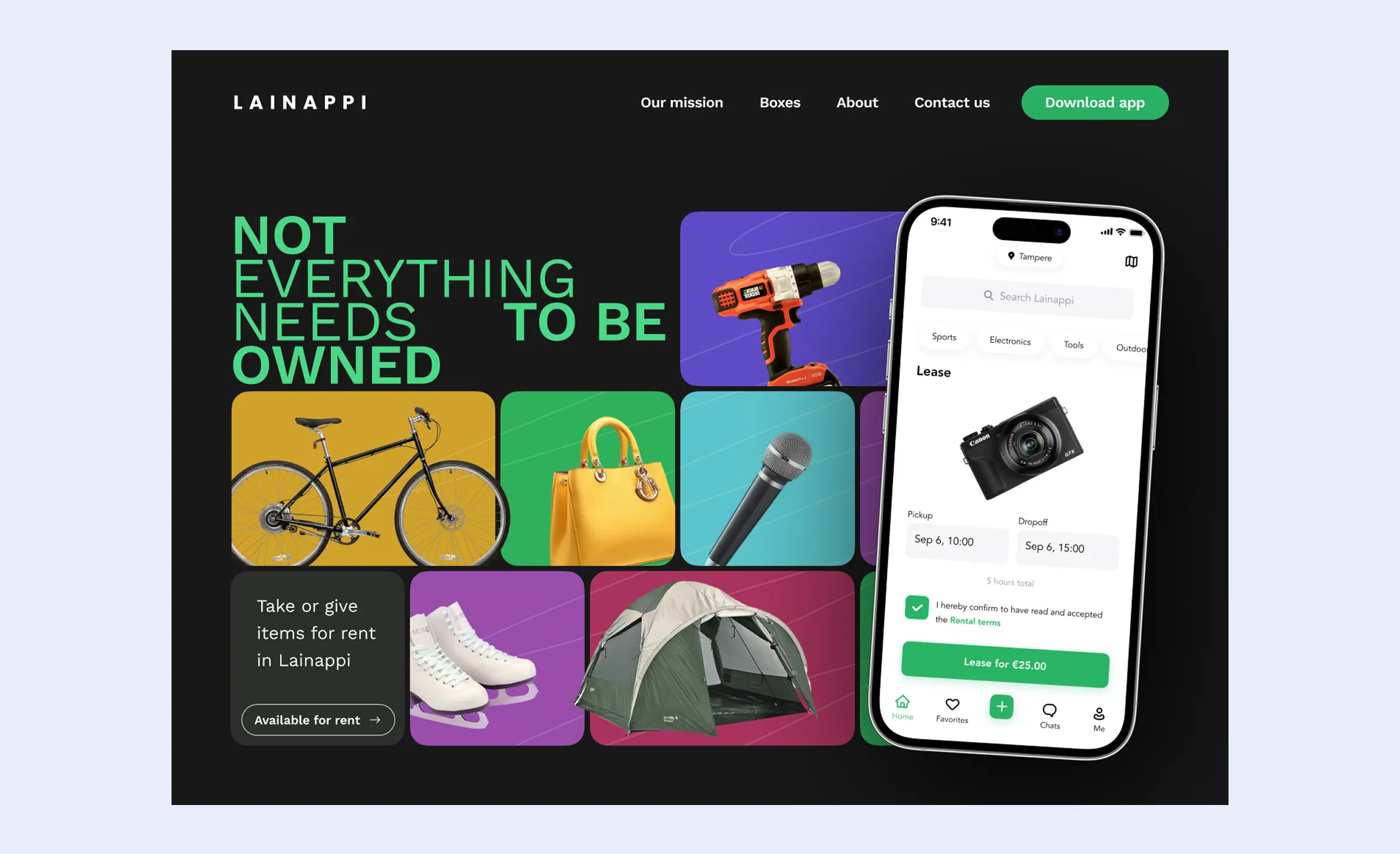 Example of a successful landing page redesign by Lineapii and Ronas IT, featuring a black background with colored item boxes showing exchangeable goods like a drill, bicycle, bag, microphone, tent, and skates. On the right, the app is displayed in light mode, with green text reading "not everything needs to be owned," enhancing visual appeal against the black background.