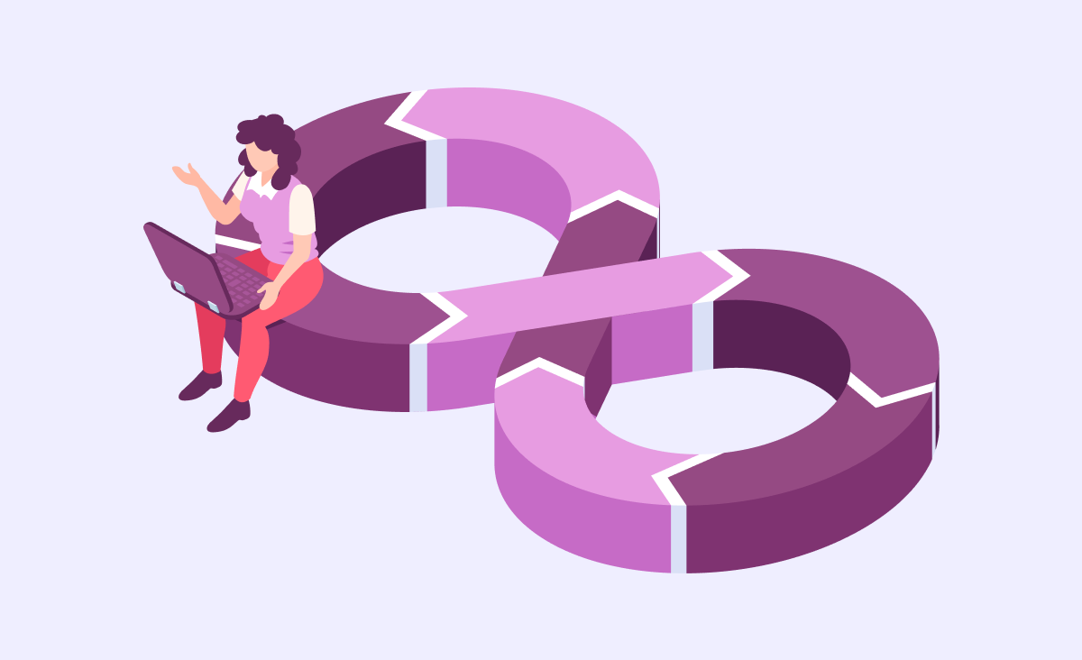 A cover of&nbsp;the article depicts a&nbsp;woman with a&nbsp;laptop. She is seated on the&nbsp;eternity sign representing DevOps continuous delivery. Her right hand is slightly raised, indicating her confusion as she tries to&nbsp;understand the&nbsp;purpose of&nbsp;DevOps.