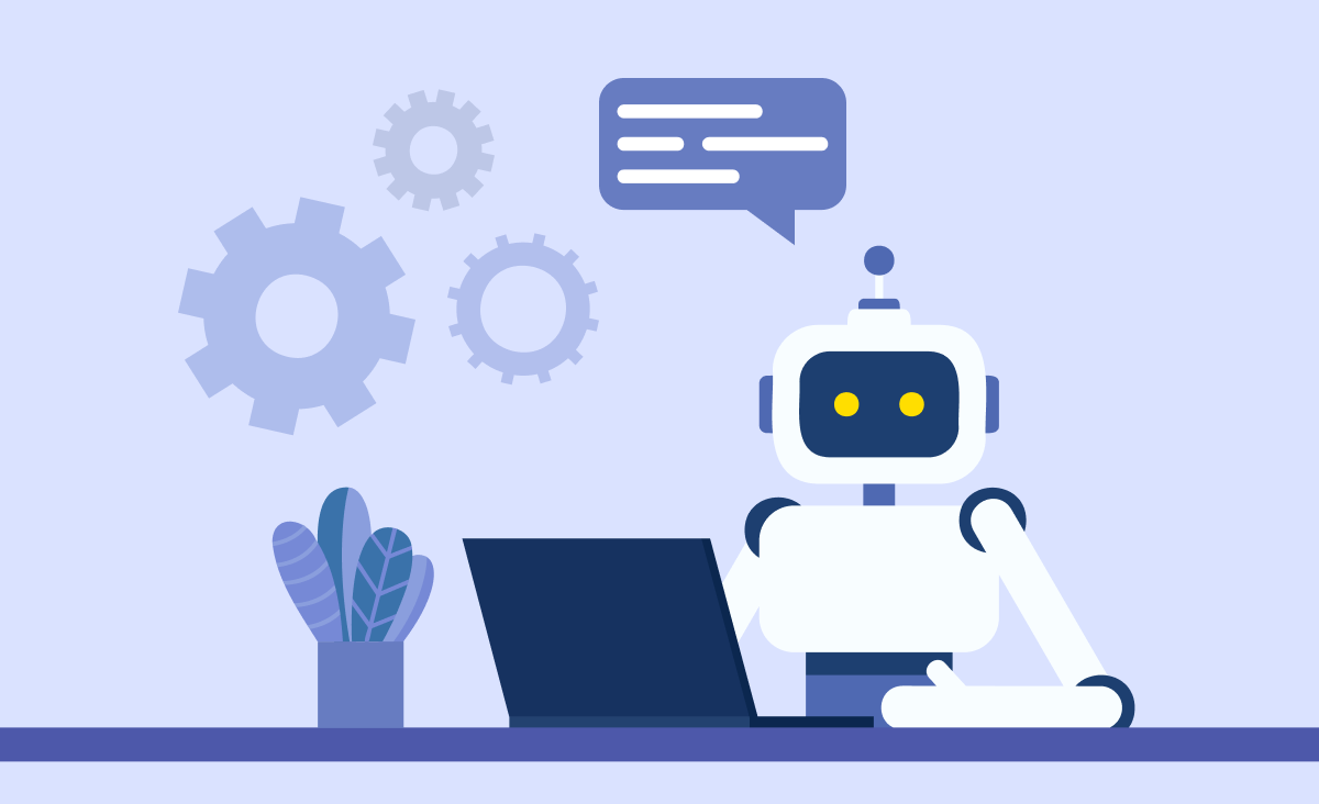 The cover depicts AI in&nbsp;software development: a&nbsp;robot seated in&nbsp;front of&nbsp;a computer with a&nbsp;speech bubble above its head. Additionally, there is a&nbsp;small plant in&nbsp;a&nbsp;pot beside the&nbsp;computer.