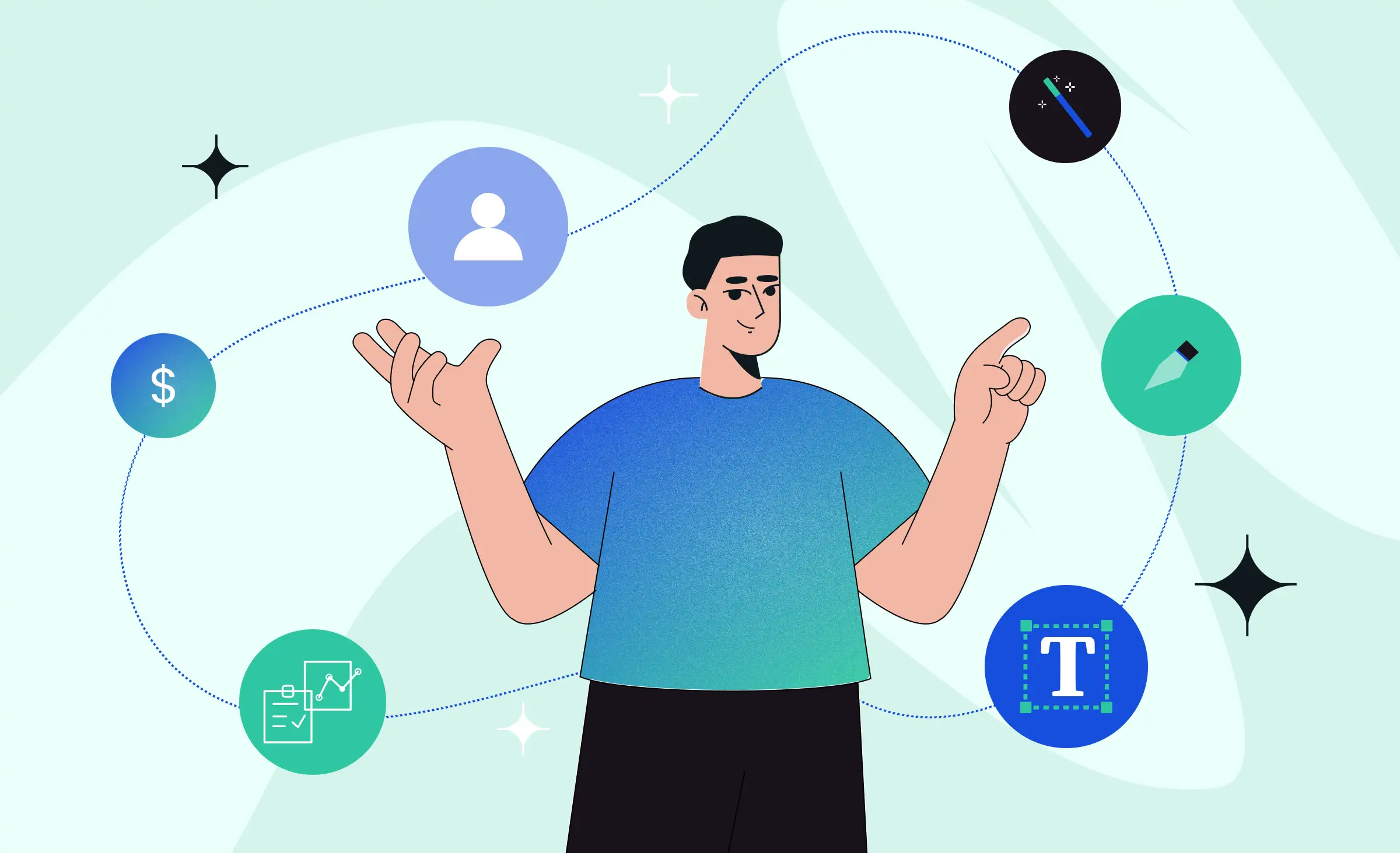 The image depicts a&nbsp;young man surrounded by various icons in&nbsp;circles: a&nbsp;magic wand symbol representing AI tools, highlighted text, a&nbsp;person icon, a&nbsp;dollar sign, and icons showing growing graphs. This visual prompts the&nbsp;question, what is DesignOps, in&nbsp;creating efficient design processes.