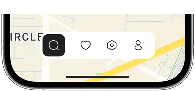 Minimal bottom navigation bar floating over the app map with search, favorites, saved areas and profile icons.