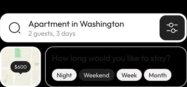 App search bar for an apartment in Washington with a filters button and a stay-duration selector offering Night, Weekend, Week and Month.