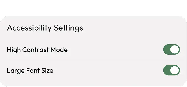 Accessibility settings screen with High Contrast Mode and Large Font Size toggles enabled.