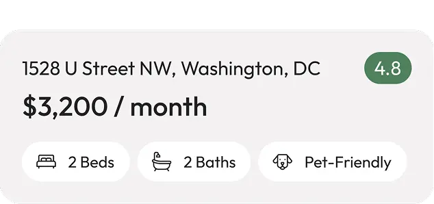 App listing card for a Washington DC rental at $3,200/month with beds, baths and pet-friendly tags.