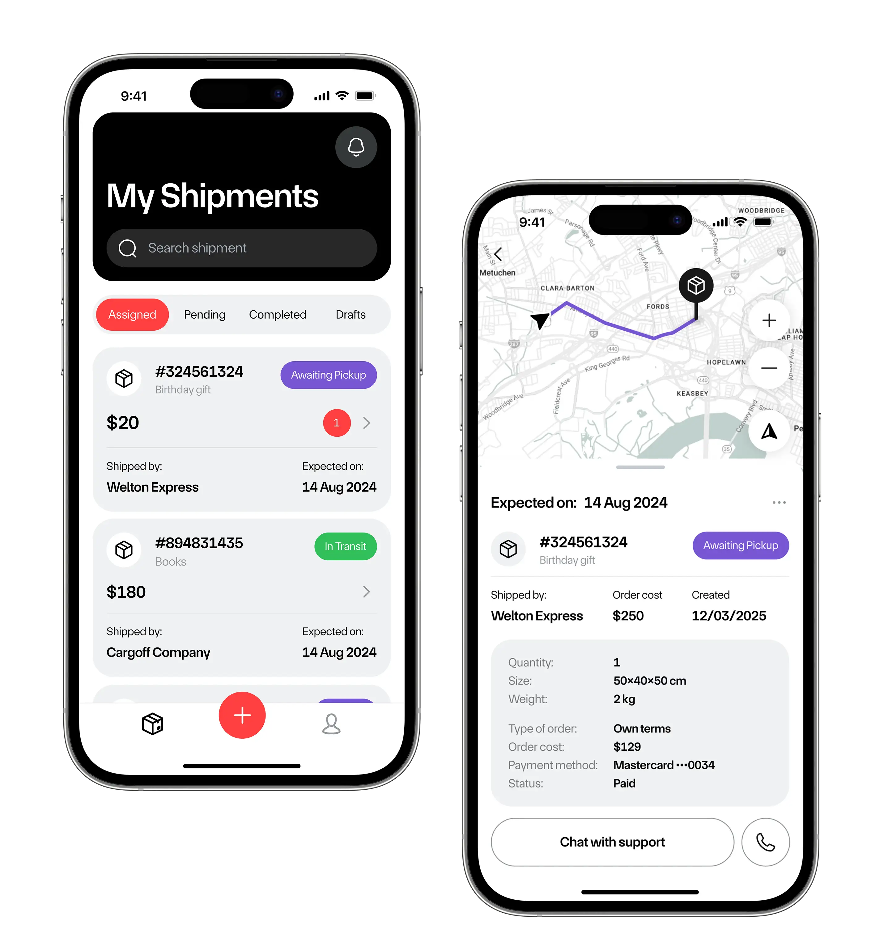 Two Drivery mobile screens: the My Shipments list and a shipment detail with a route map and order info.