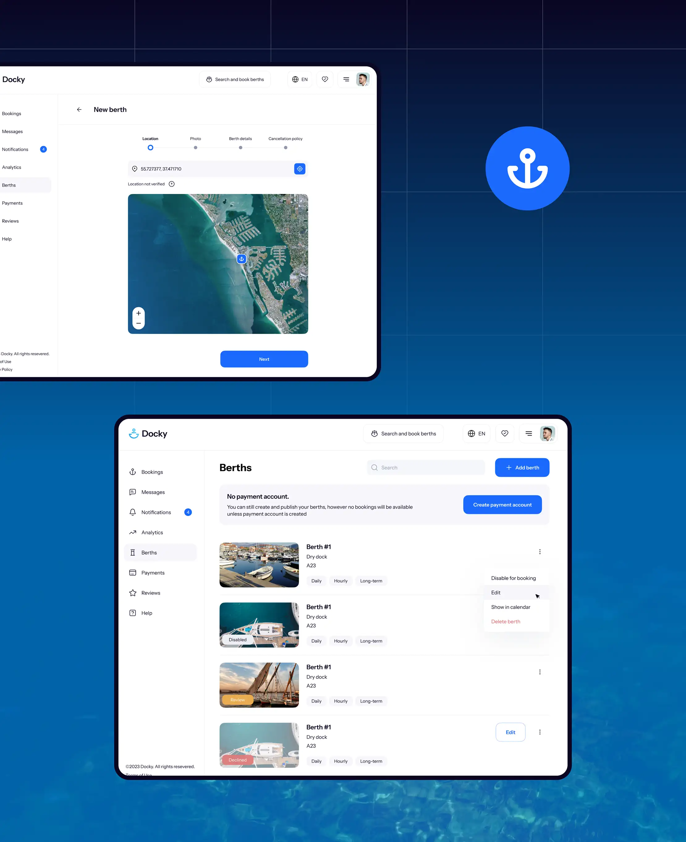 Docky desktop views for adding a berth on a map and listing marina berths with photos.