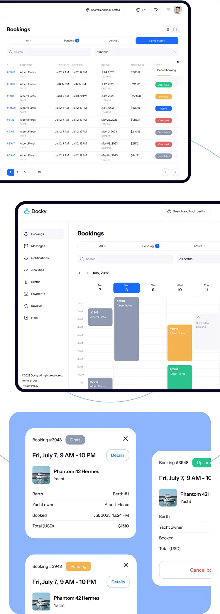 Docky booking dashboard on laptop with mobile reservation screen.