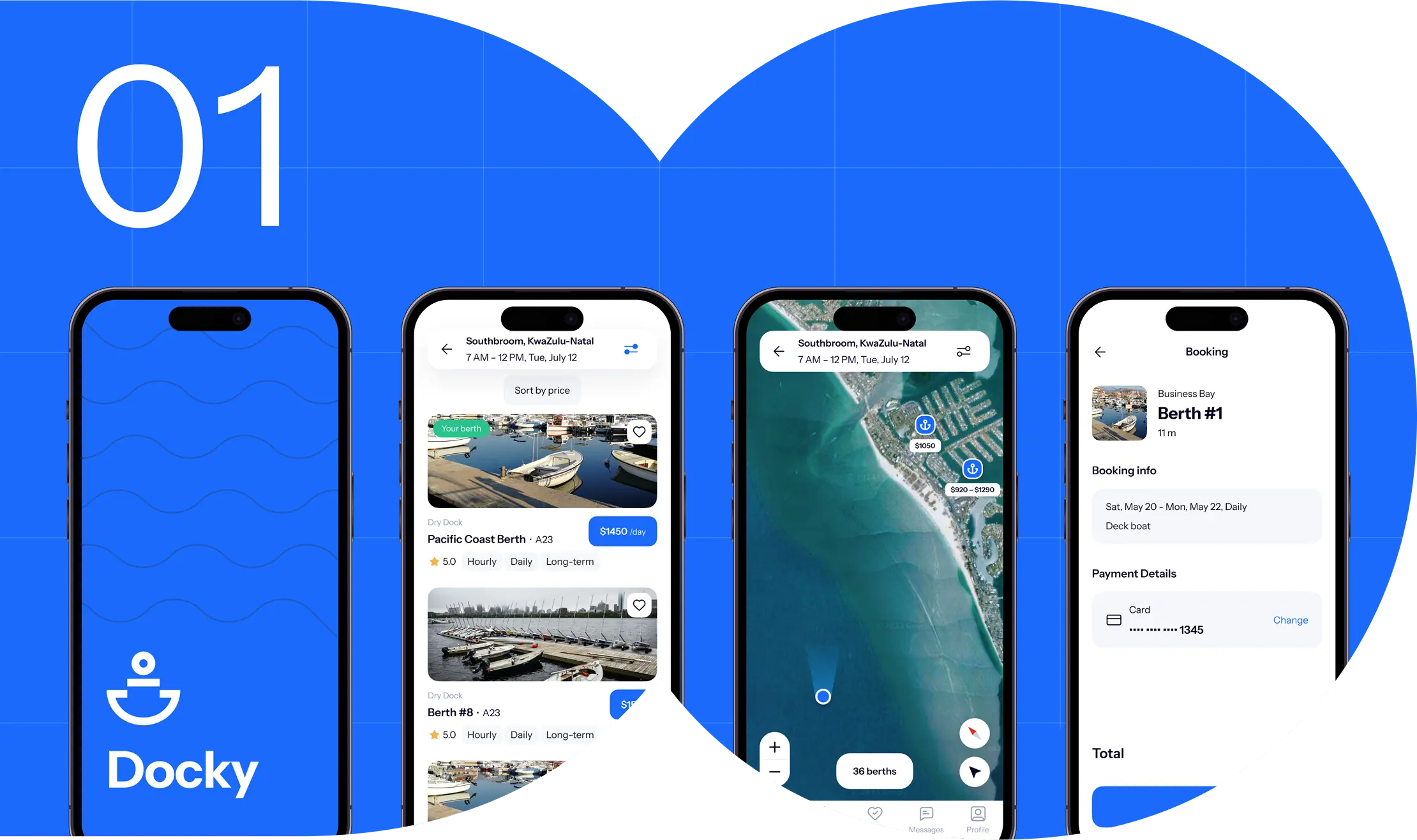 Docky mobile app design screens on a blue cover marked 01.