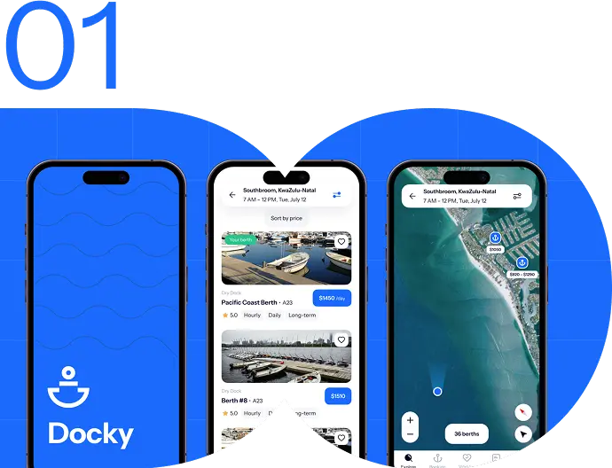 Docky mobile app design screens on a blue cover marked 01.