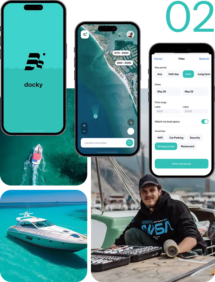 Docky mobile screens with marina photo on a teal cover marked 02.