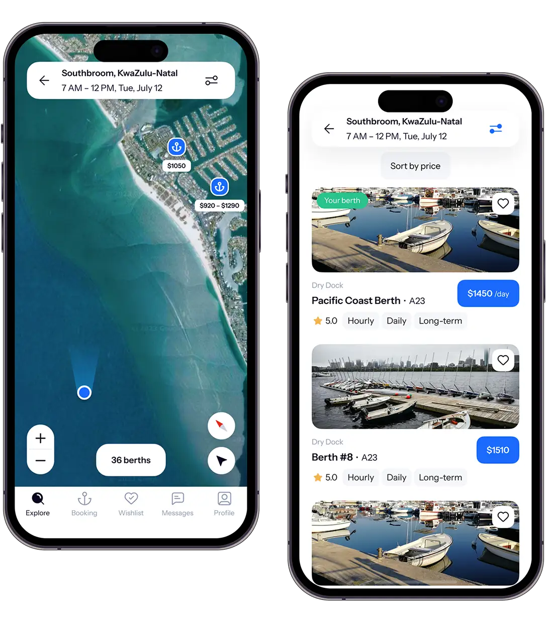Docky mobile booking app over a marina photo in the page header.
