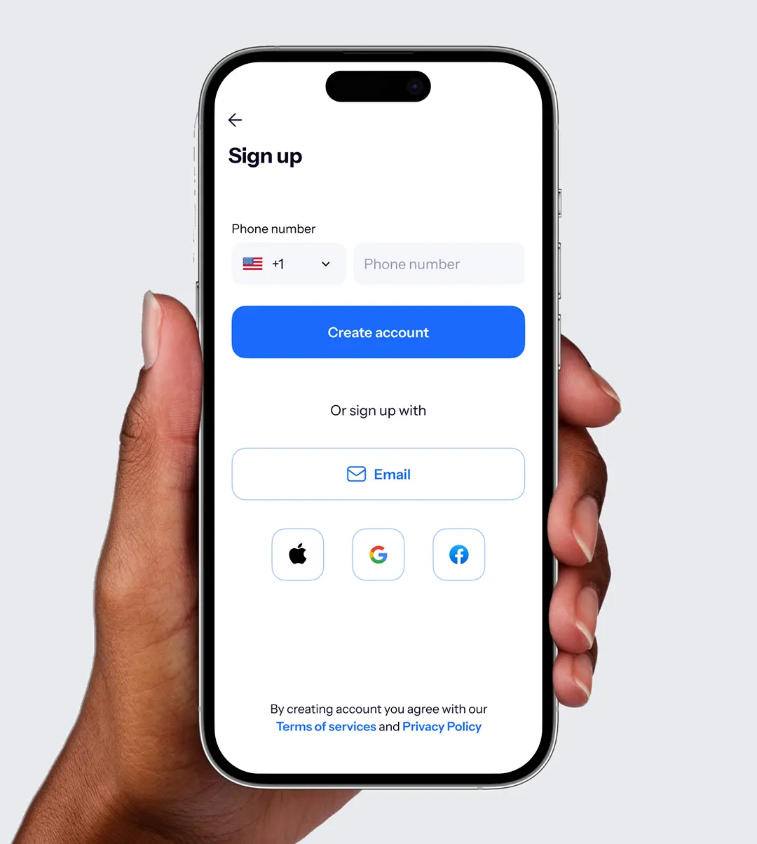 Hand holding a phone showing the Docky app sign-up screen.