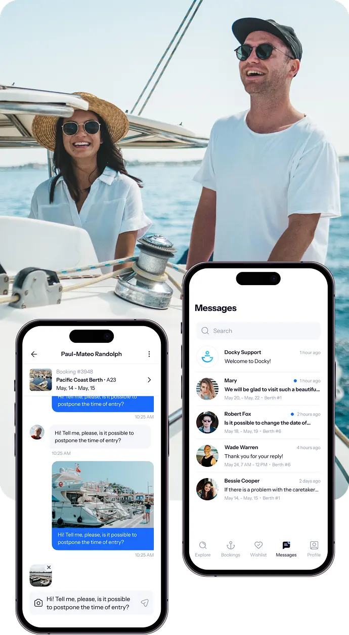 Docky mobile chat screens shown beside a marina photo.