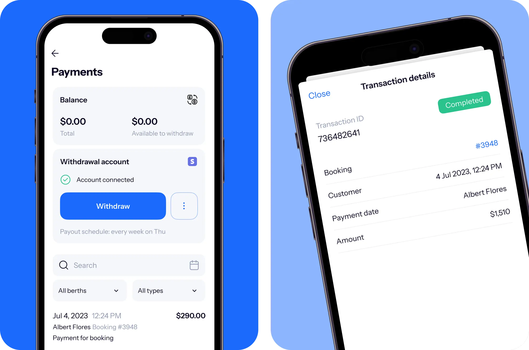 Docky mobile screens showing the payments balance and a transaction details view.