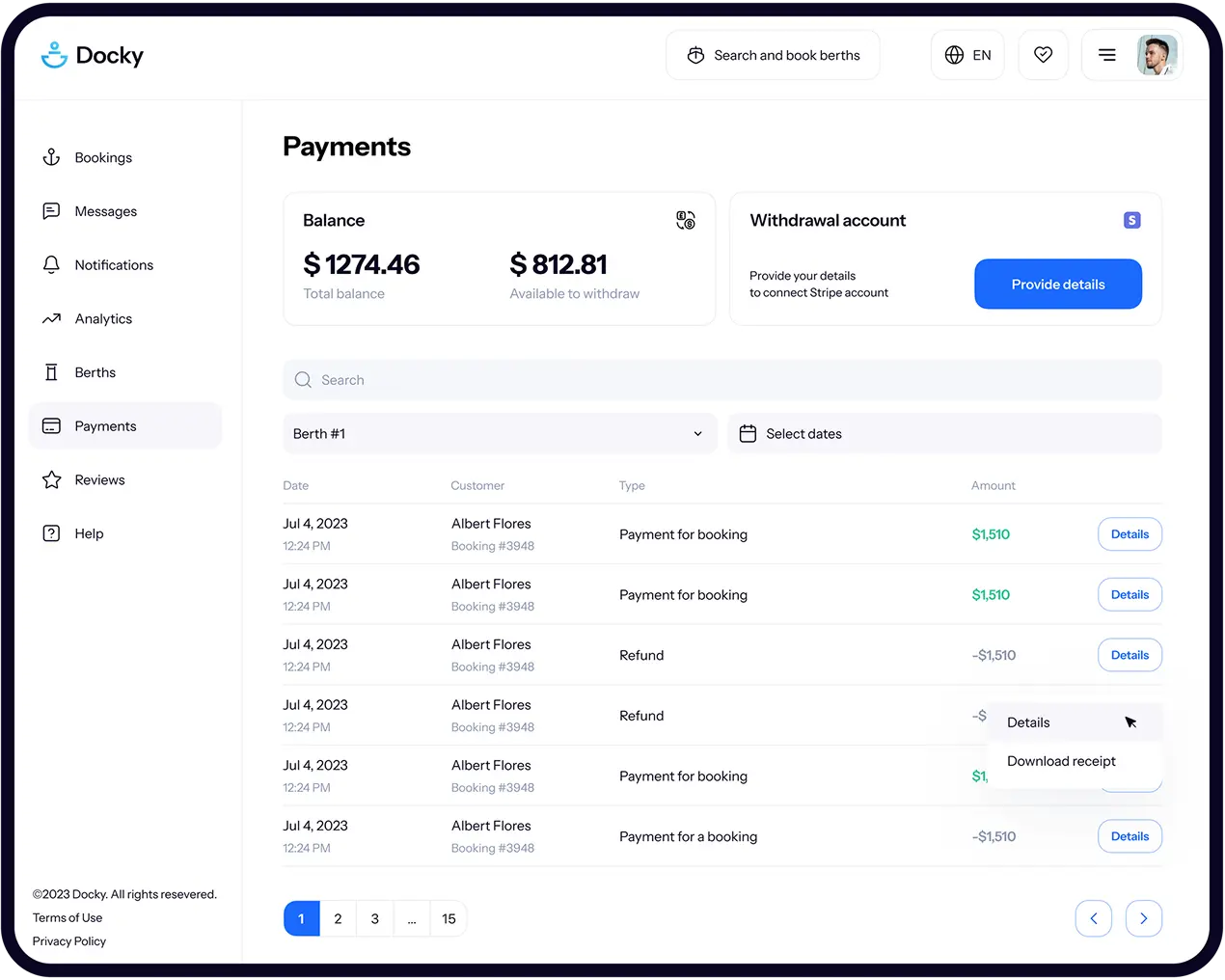 Docky admin payments table listing transactions on desktop.