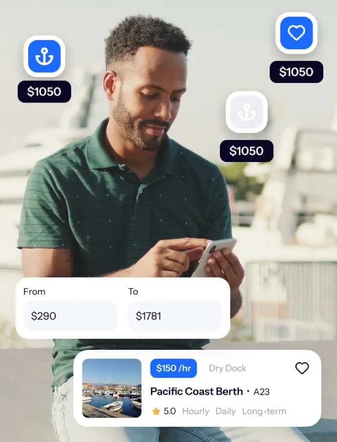 Man at a marina tapping the Docky app on his phone, with floating berth listing and price cards.
